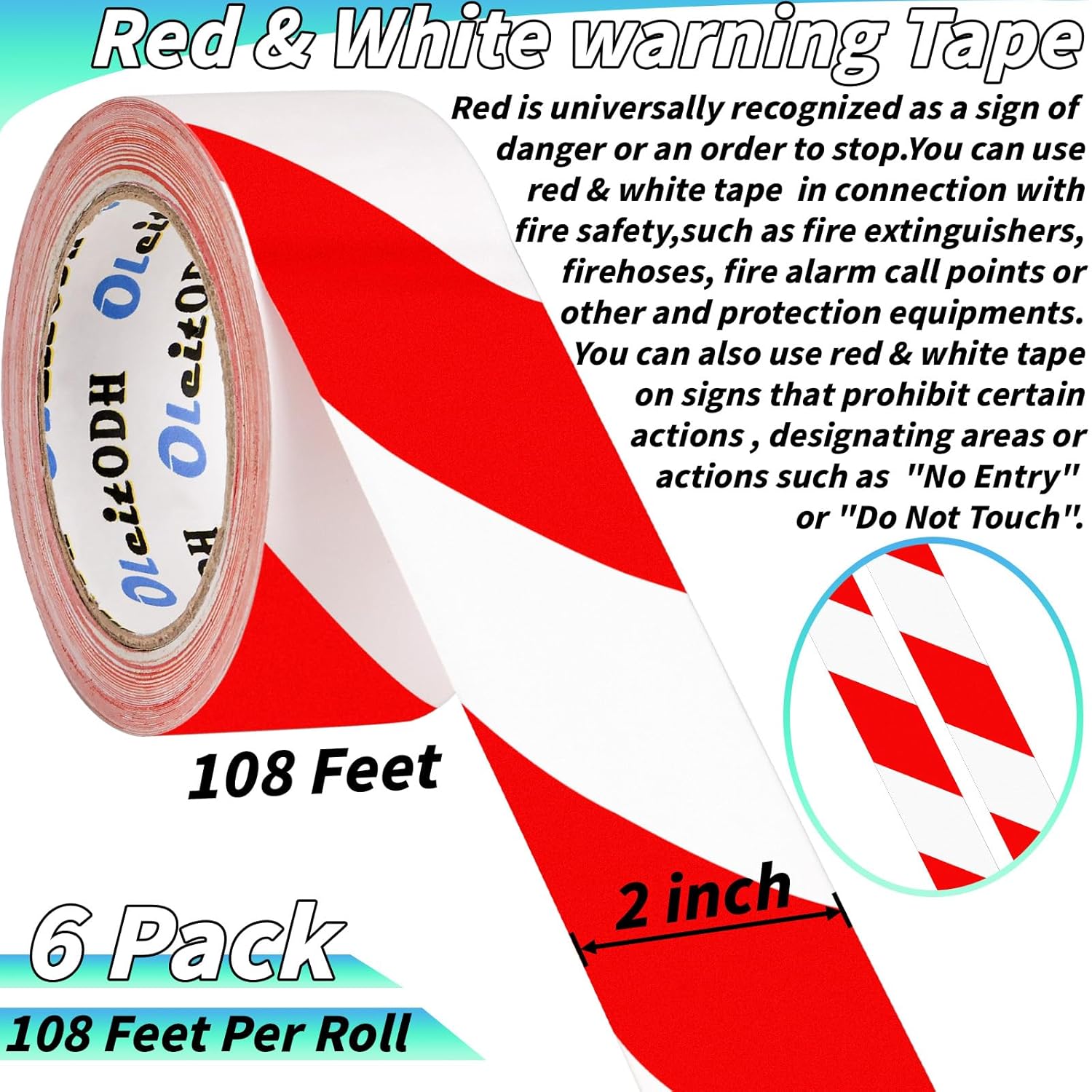 Hazard Safety Warning Stripe Tape 6 Pack, 2 Inch x 36 Yards Red & White Caution Tape Roll Bulk Waterproof Barricade Hazard Tape Self-Adhesive Tape for Floor, Walls, Pipes, Equipment Marking