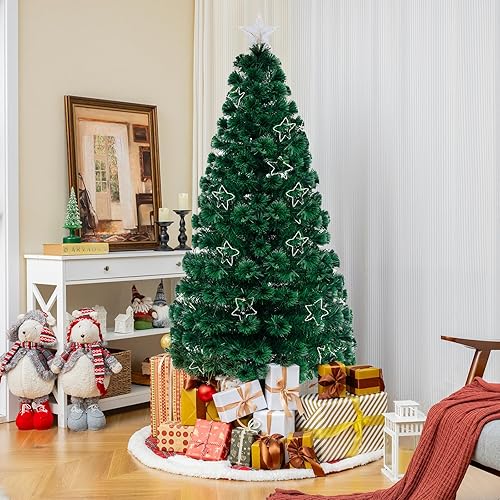 Miniatura 9 de GOFLAME Árbol de Navidad preiluminado de 6 pies, árbol de Navidad de fibra óptica artificial con 36 cuerdas de luz blanca cálida, estrella superior,