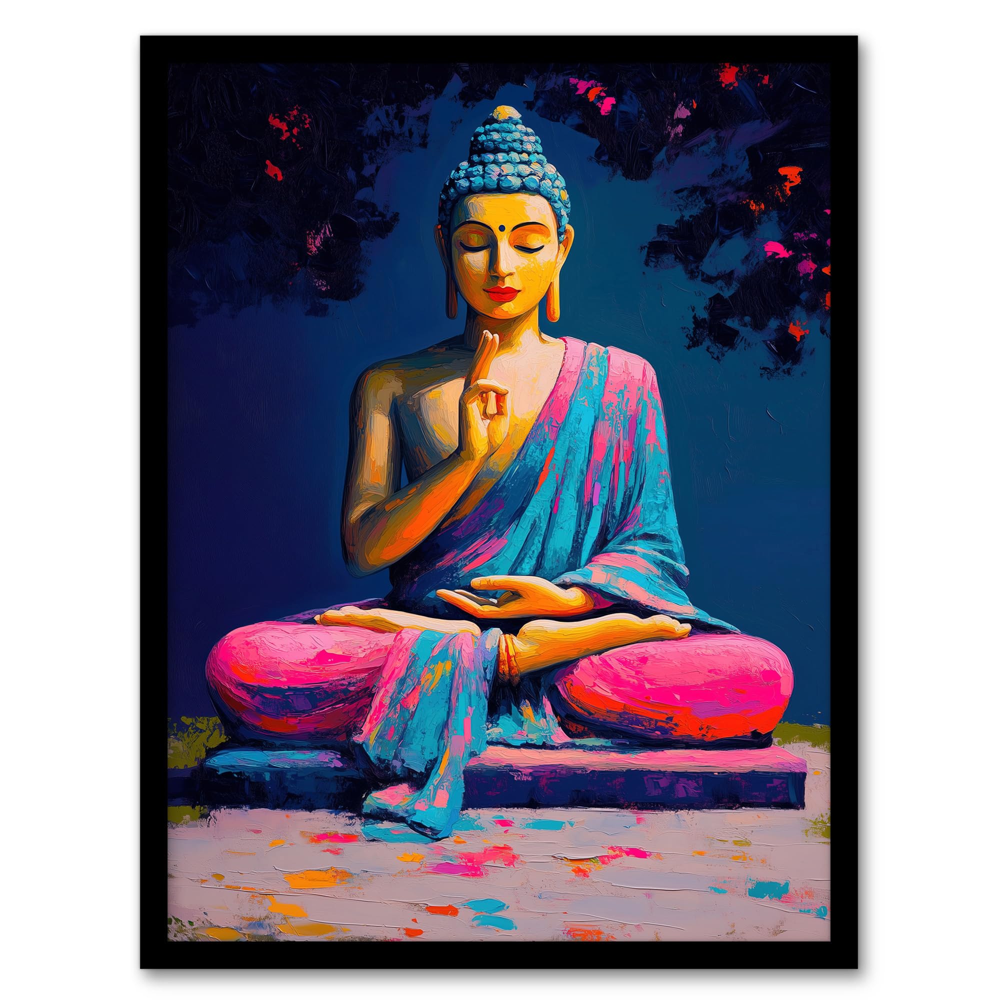 Artery8 Buddha Statue Pink Blue Buddhism Mindfulness Living Room Artwork Framed Wall Art Print A4