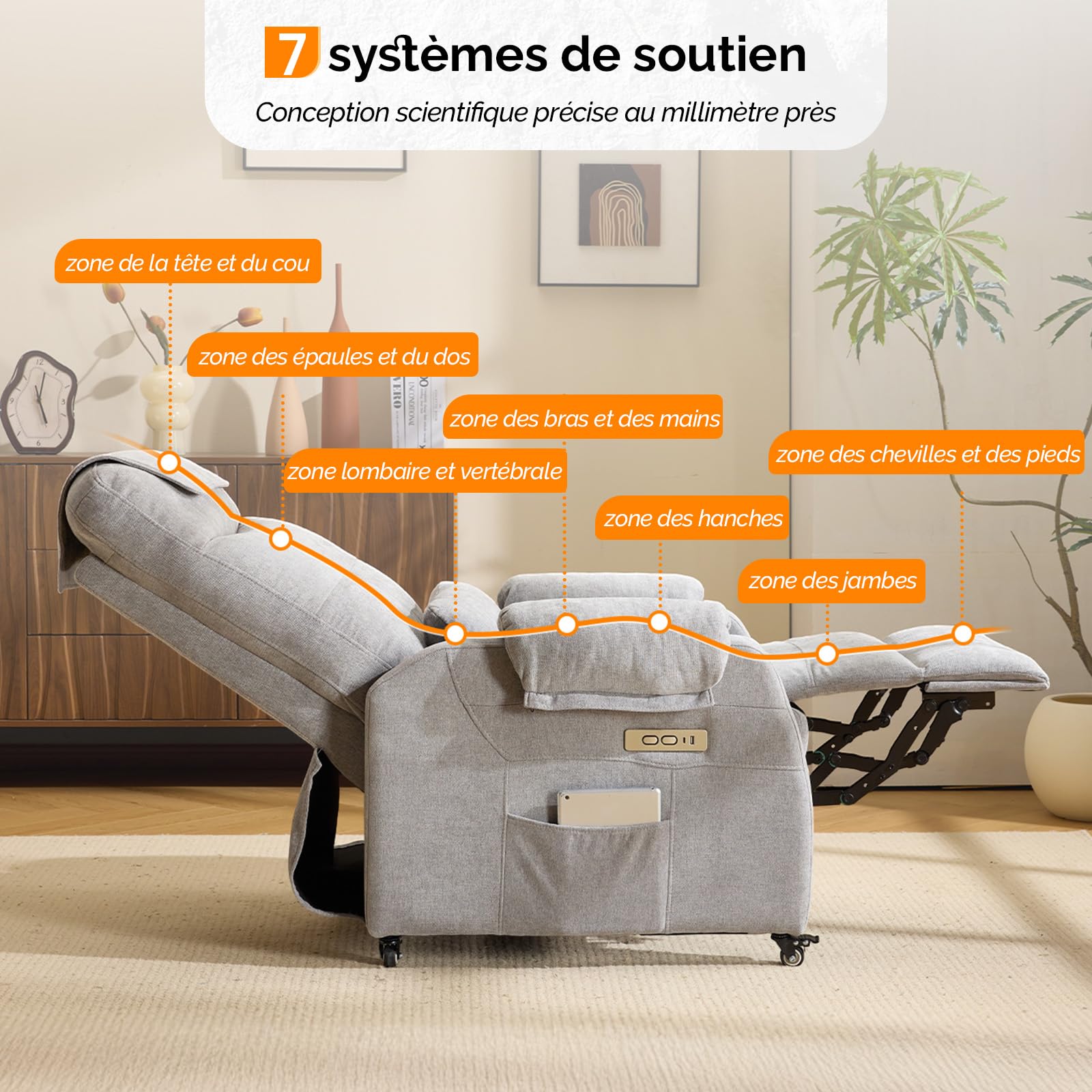 Bonnlo - Sillón de masaje con 6 puntos de masaje y calefacción, respaldo y reposapiés ajustable automáticamente, equipado con reposacabezas y cojín, color gris claro