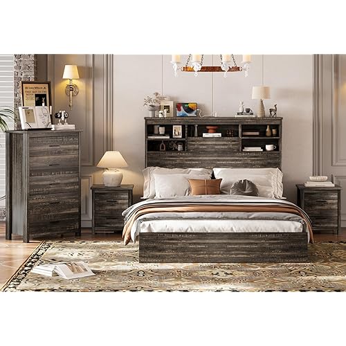 Merax 4-Pcs Queen Size Bed Frame Dresser Night Stand Bedroom Set, Platform with USB Charging Ports Storage Headboard & 1 x 5 Drawers Cabinet & 2 x Nightstands, Wooden, Antique Grey