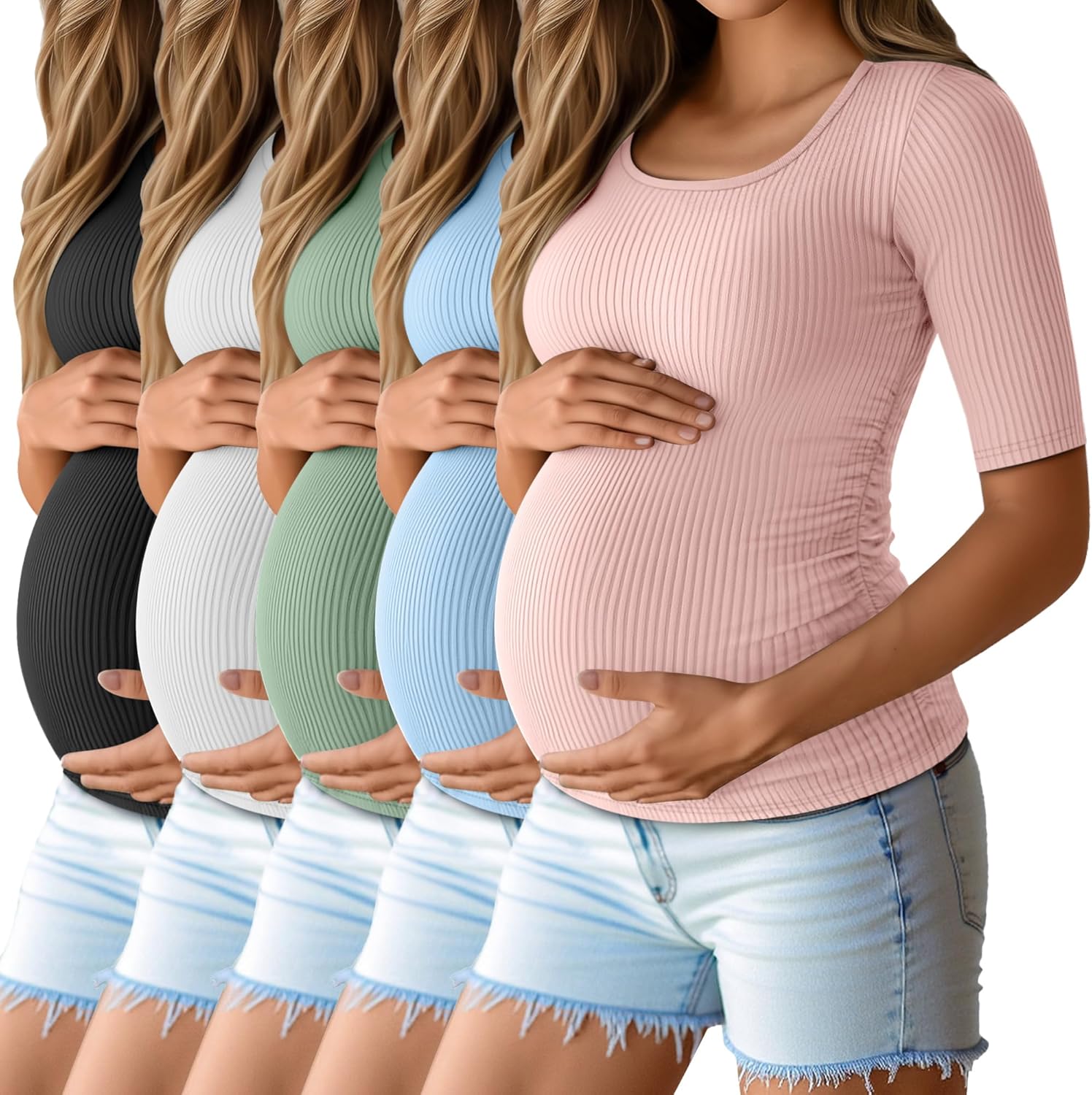 5 Pack Women's Cotton Ribbed Maternity Shirts Bulk, Half Sleeve Scoop Neck Multipack Side Ruched Pregnancy Tees