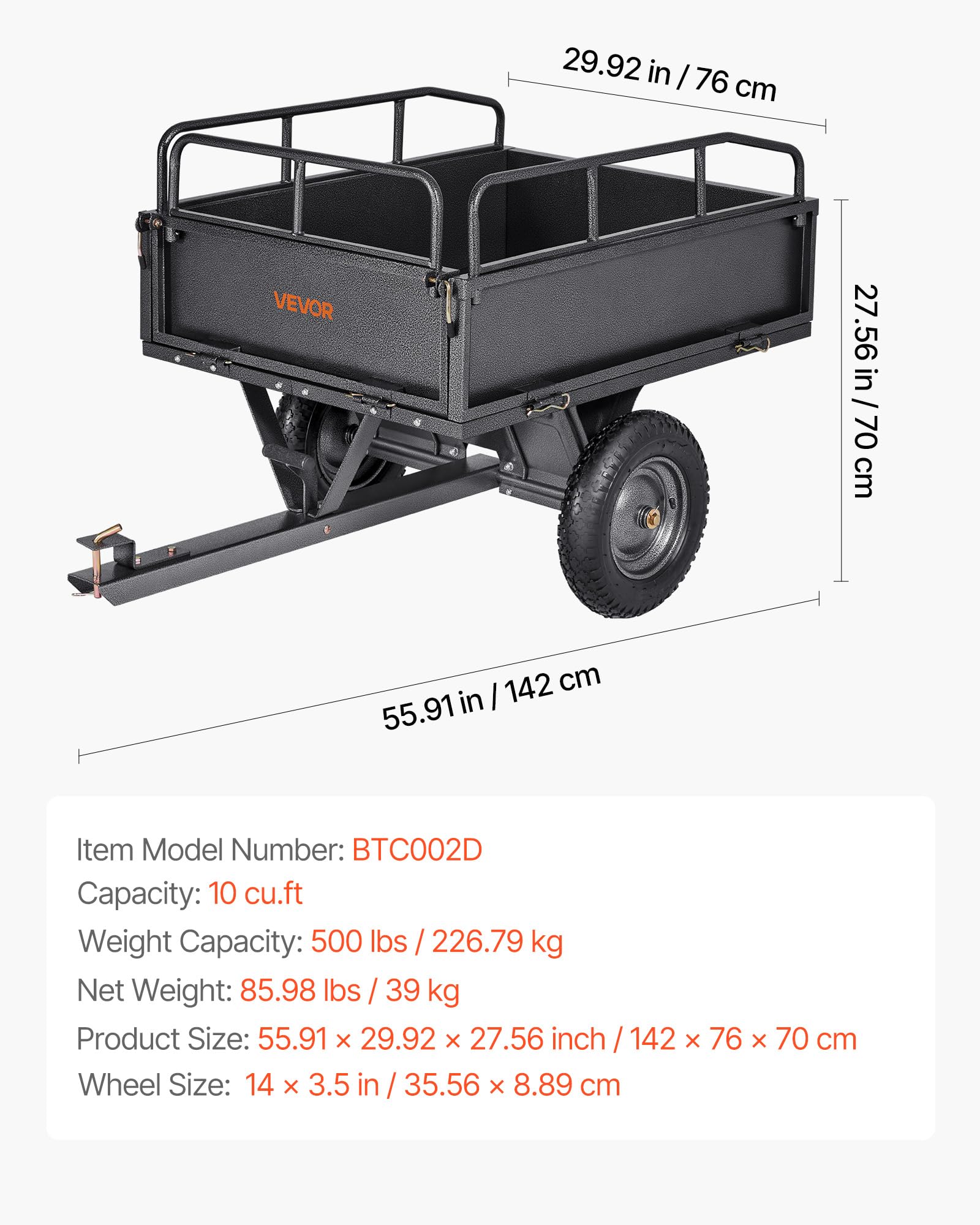 VEVOR Remorque à Benne Basculante, 283 L, Remorque de Tracteur Tondeuse à Gazon de Jardin en Acier, Capacité de Charge 226,8 kg, avec Pneus 35,56 cm, Chariot de Transport à Déversement pour VTT, UTV