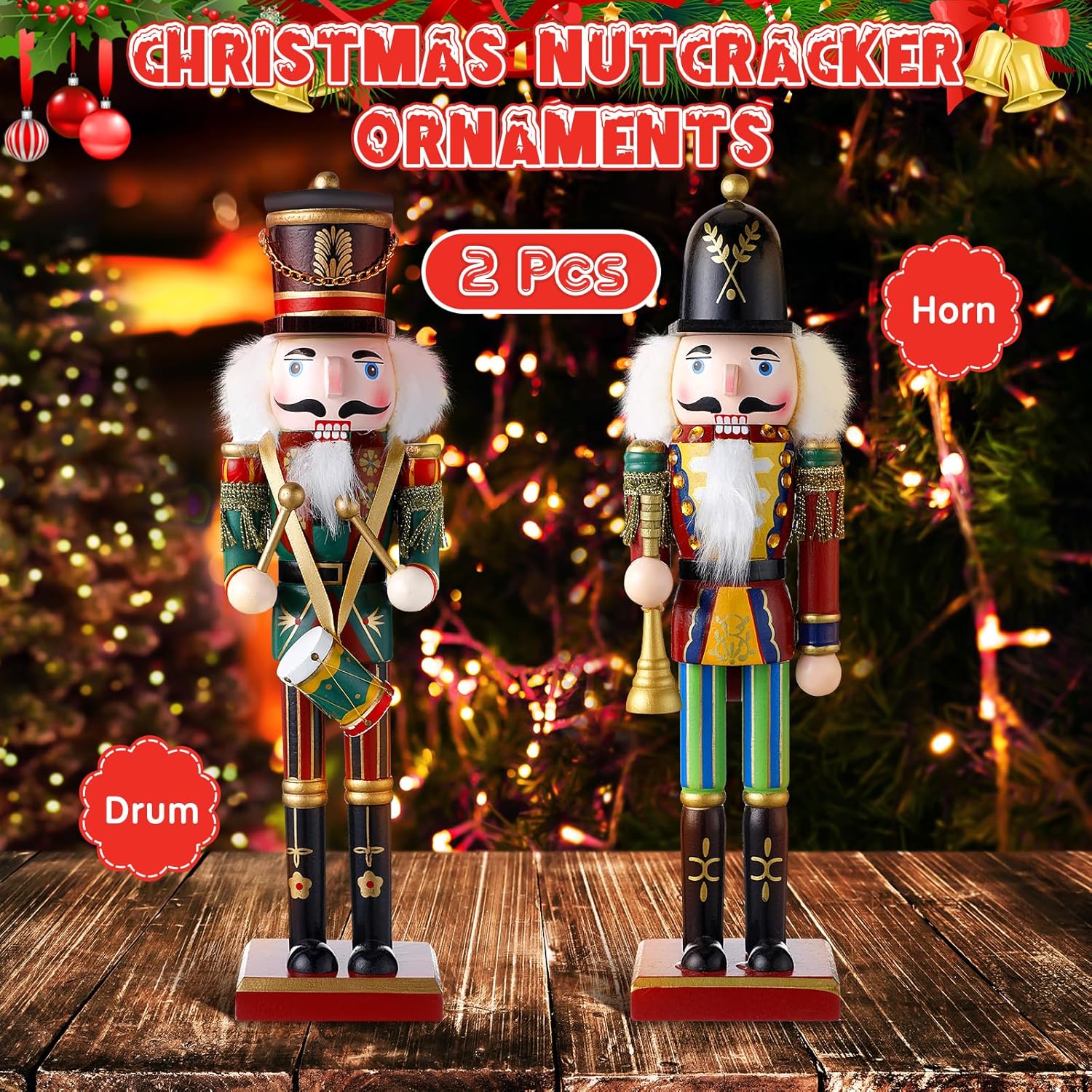 Huwena 2 Pcs Christmas Nutcracker Figure Decorations 12'' Traditional Painted Wooden Nutcracker Soldier Figure Decor Holiday Festive Party Gift for Xmas Home Office Mantel Table Decor(Drum and Horn)