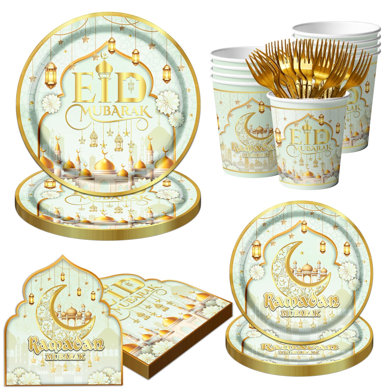 100PCS Ramadan Eid Mubarak Tableware Eid Al Adha Decorations Disposable Eid Mubarak Plates and Napkins Forks Cups Ramadan Decorations for Eid Al-fitr Party Favors Eid Decorations (Light-Green)