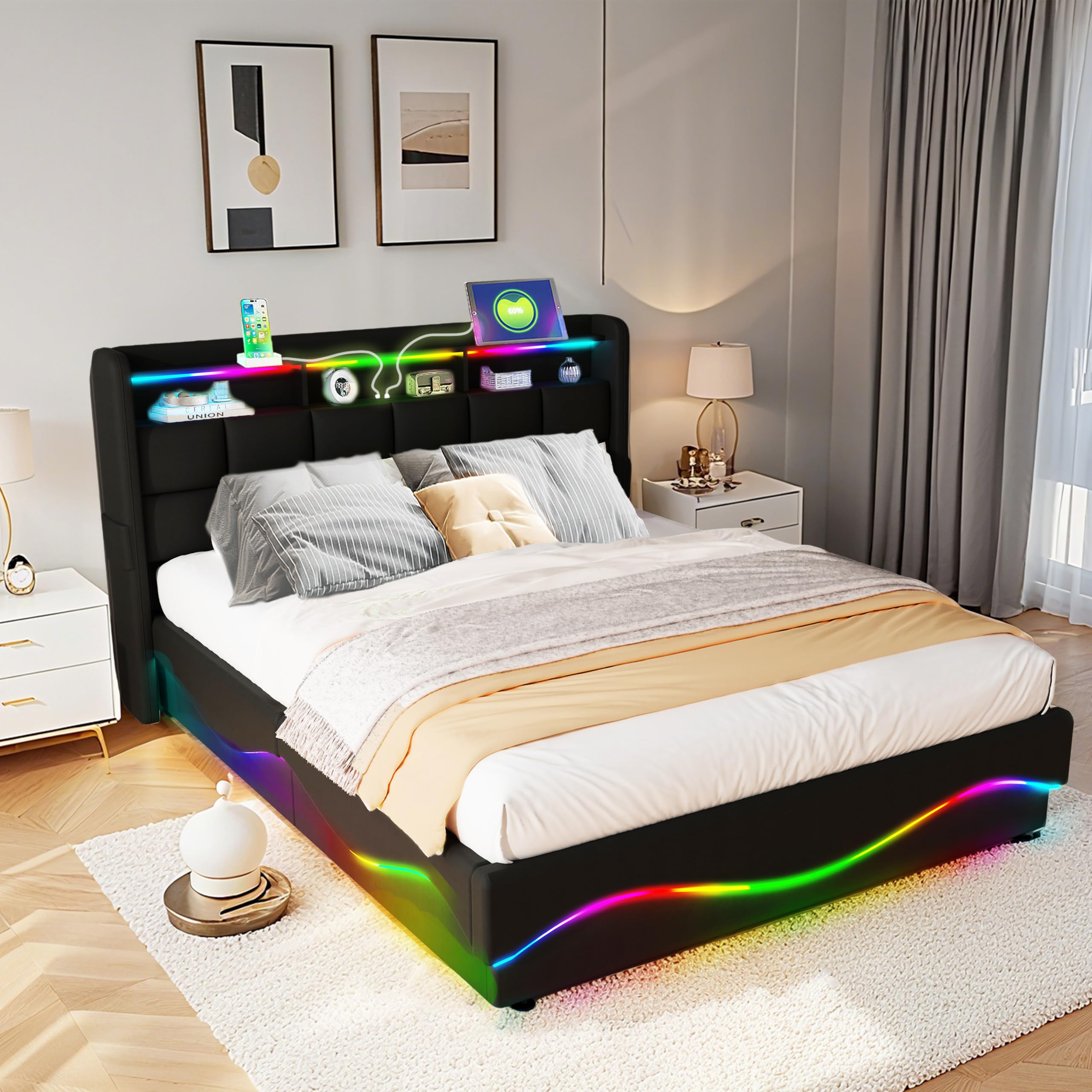 Cama de Almacenamiento Todo en Uno 140x200 cm con Luces LED, Estación de Carga USB/Type-C, Estantería para Cabecera y Gran Almacenamiento bajo la Cama, Cuero, Negro
