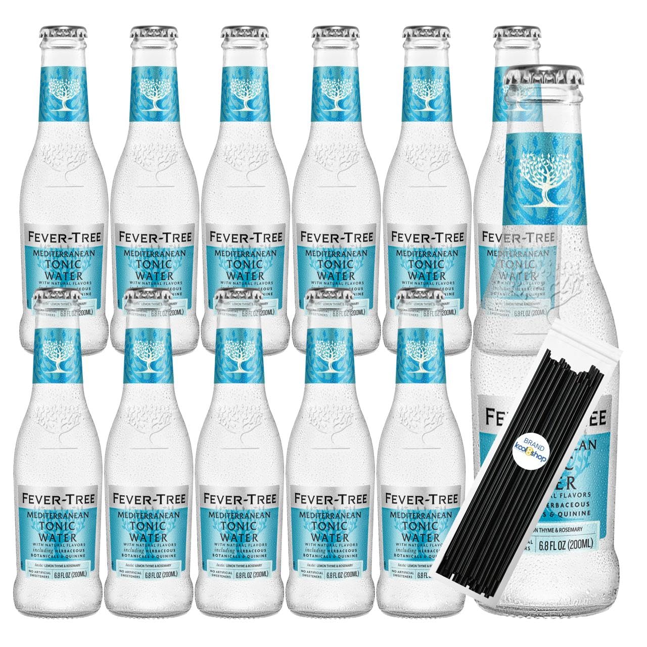 Fever-Tree Mediterranean Premium Mixer 6.8 fl oz Glass Bottles 12 Pack + 20 Plastic Stirrer Sticks by KOOL8SHOP Infinite Deals