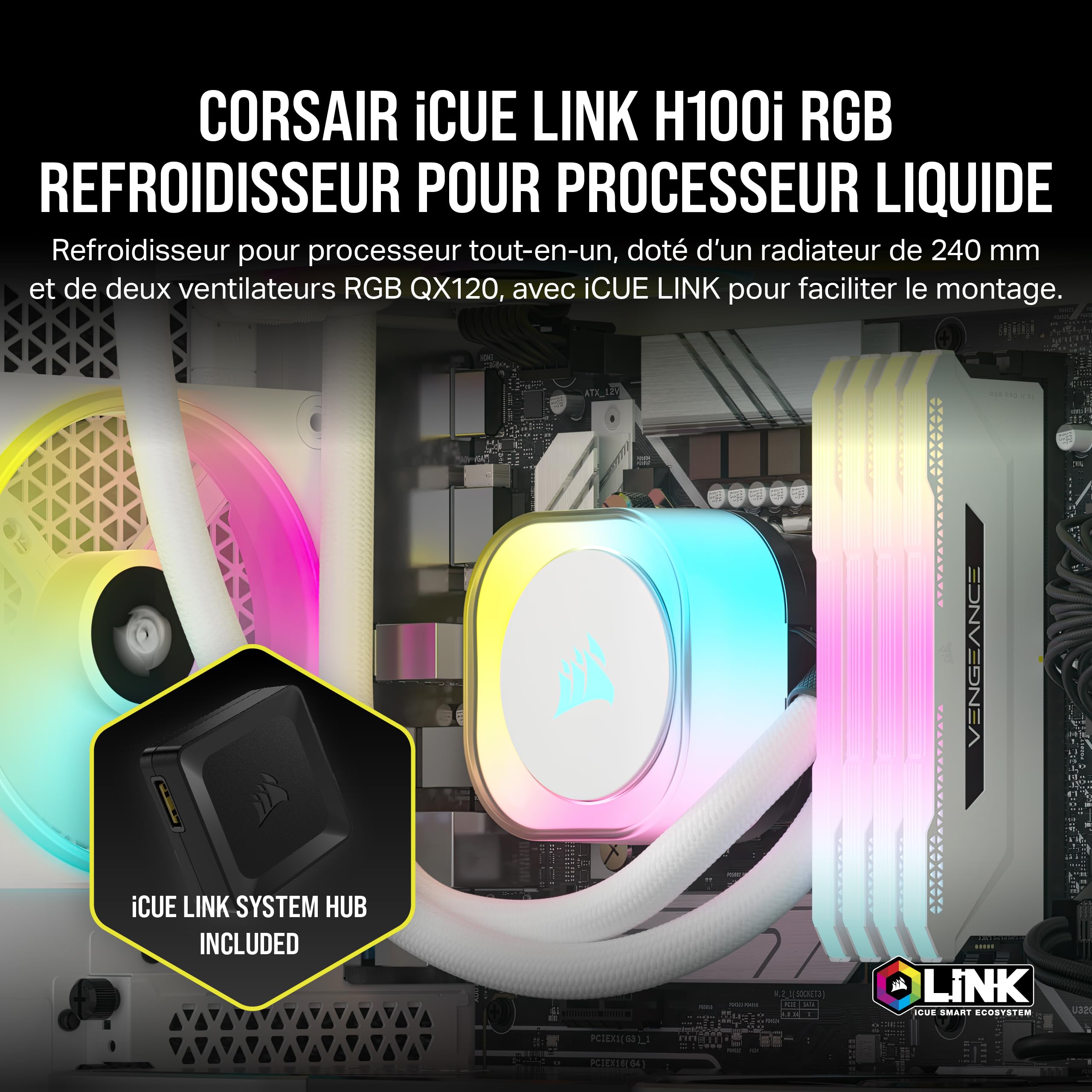 CORSAIR iCUE Link H100i RGB Liquid CPU Cooler - 240mm AIO - Ventilateurs QX120 RGB - Convient à Intel® LGA 1700, AMD® AM5 - Hub Système iCUE Link Inclus - Blanc