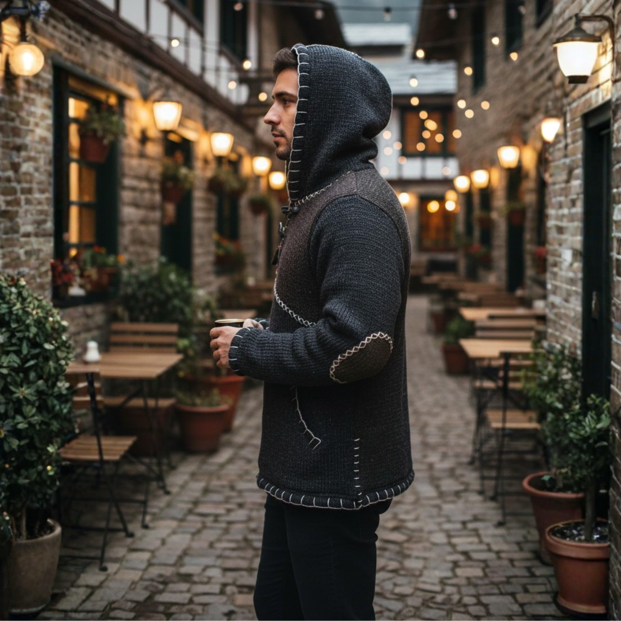 Shopoholic Fashion Pullover Foderato in Pile con Cerniera Incrociata da Uomo Felpa con Cappuccio in Lana Hippy Boho