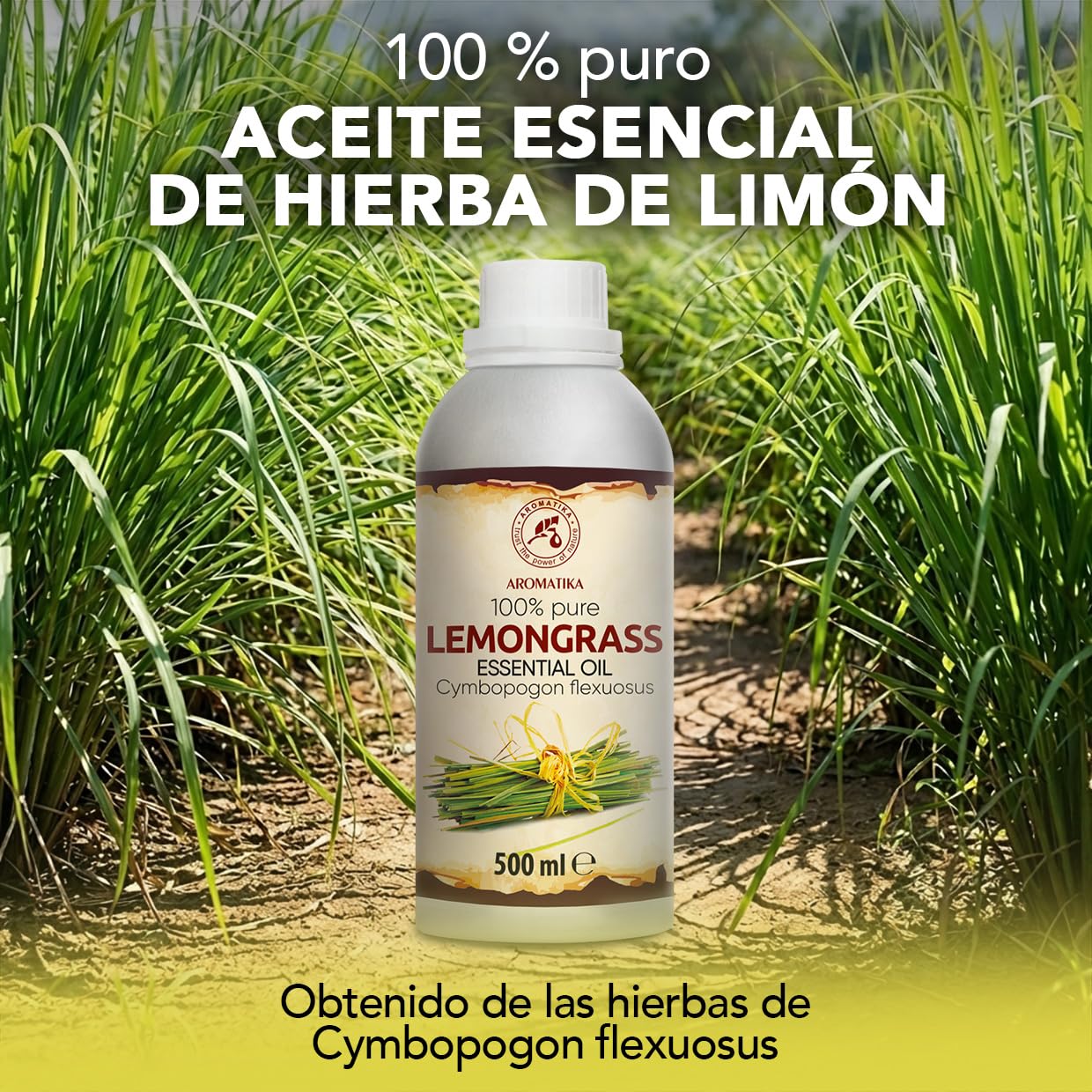 Aceite Esencial de Hierba de Limón 500 ml - Cymbopogon Flexuosus - Natural y Puro - Aceites Esenciales para Difusores - Fragancias para el Hogar - Jabones y Velas - Sauna - Aroma fresco - Aromaterapia