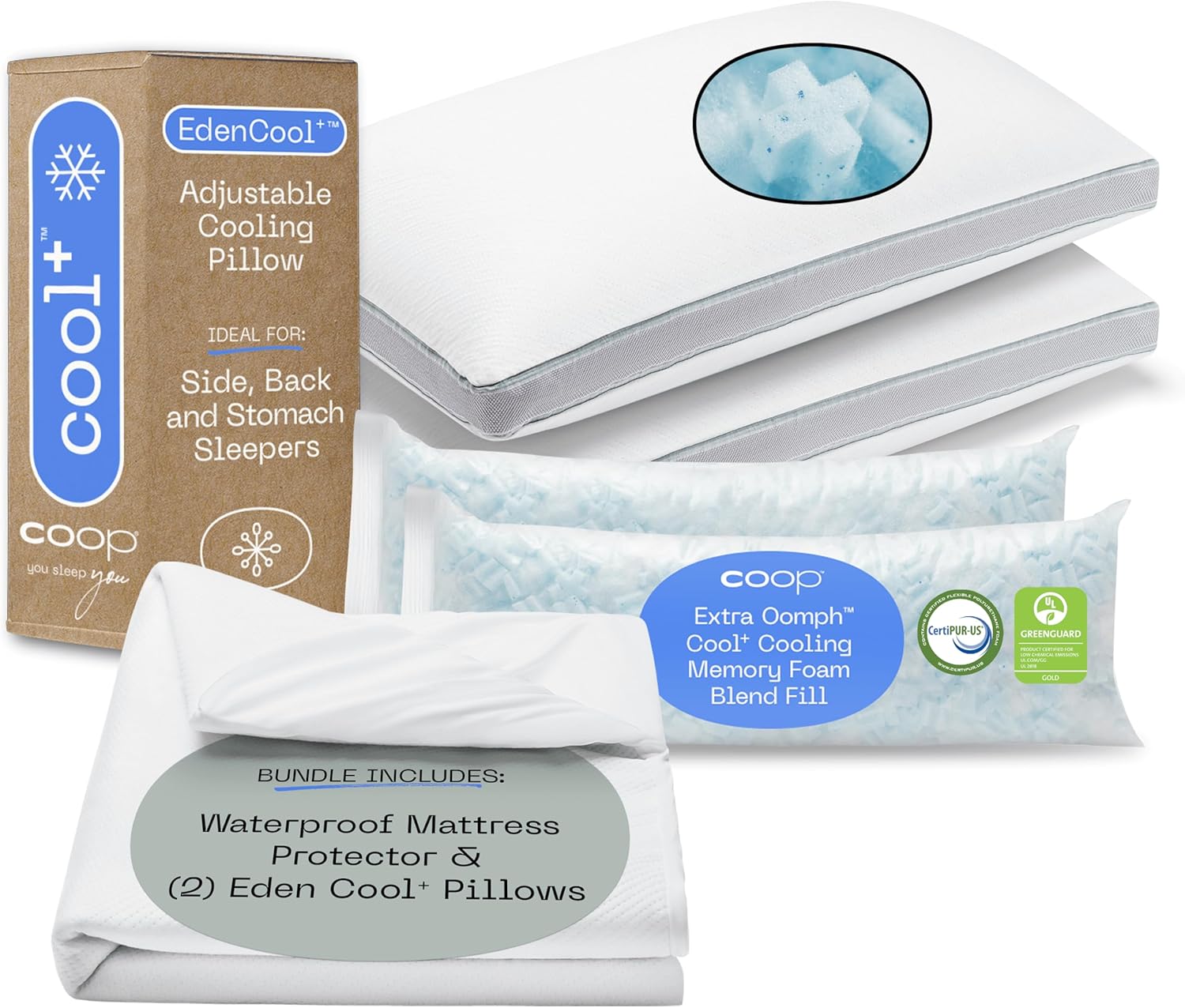 Coop Home Goods Mattress Protector & Cool+ Pillow Full Bundle, Set Includes (1) Ultra-Tech Mattress Protector Full and (2) Cool+ Pillows Queen