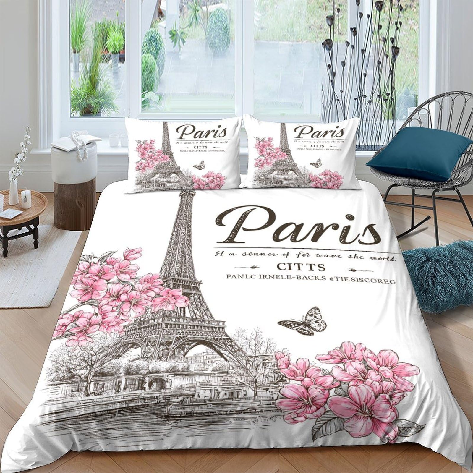 Ctjqhvkz Style-2 3D Printed Eiffel Tower Blossom Fitted Sheet Microfiber Soft Breathable Paris Butterfly Mattress Cover Bedroom Decor Single（135X200cm）