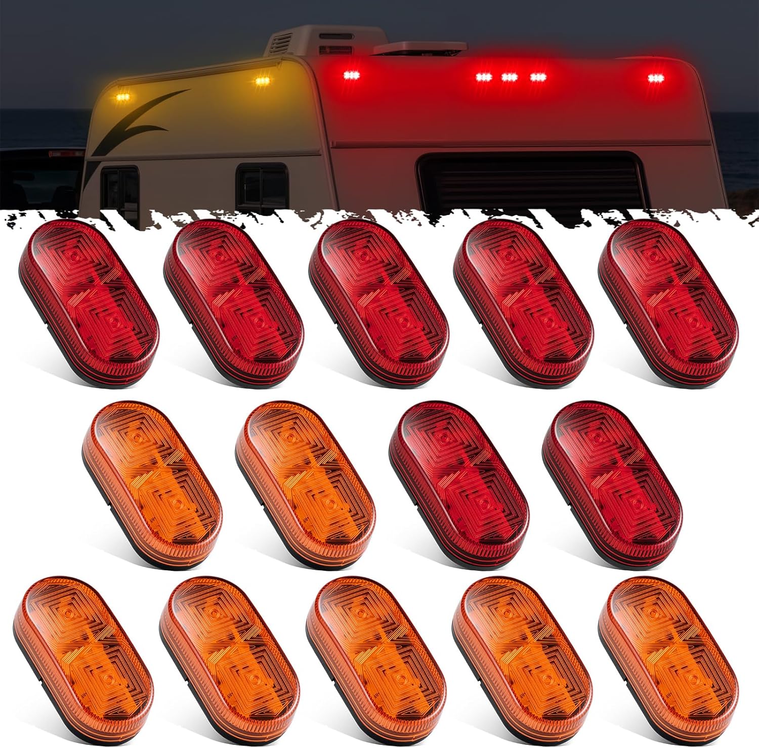 Partsam 14Pcs 4 Inch Rectangle LED Trailer RV Marker Clearance Lights, 18 LED Side Marker Lights for Tractor Truck Camper Motorhome, IP67 Waterproof, Surface Mount (7Amber+7Red)
