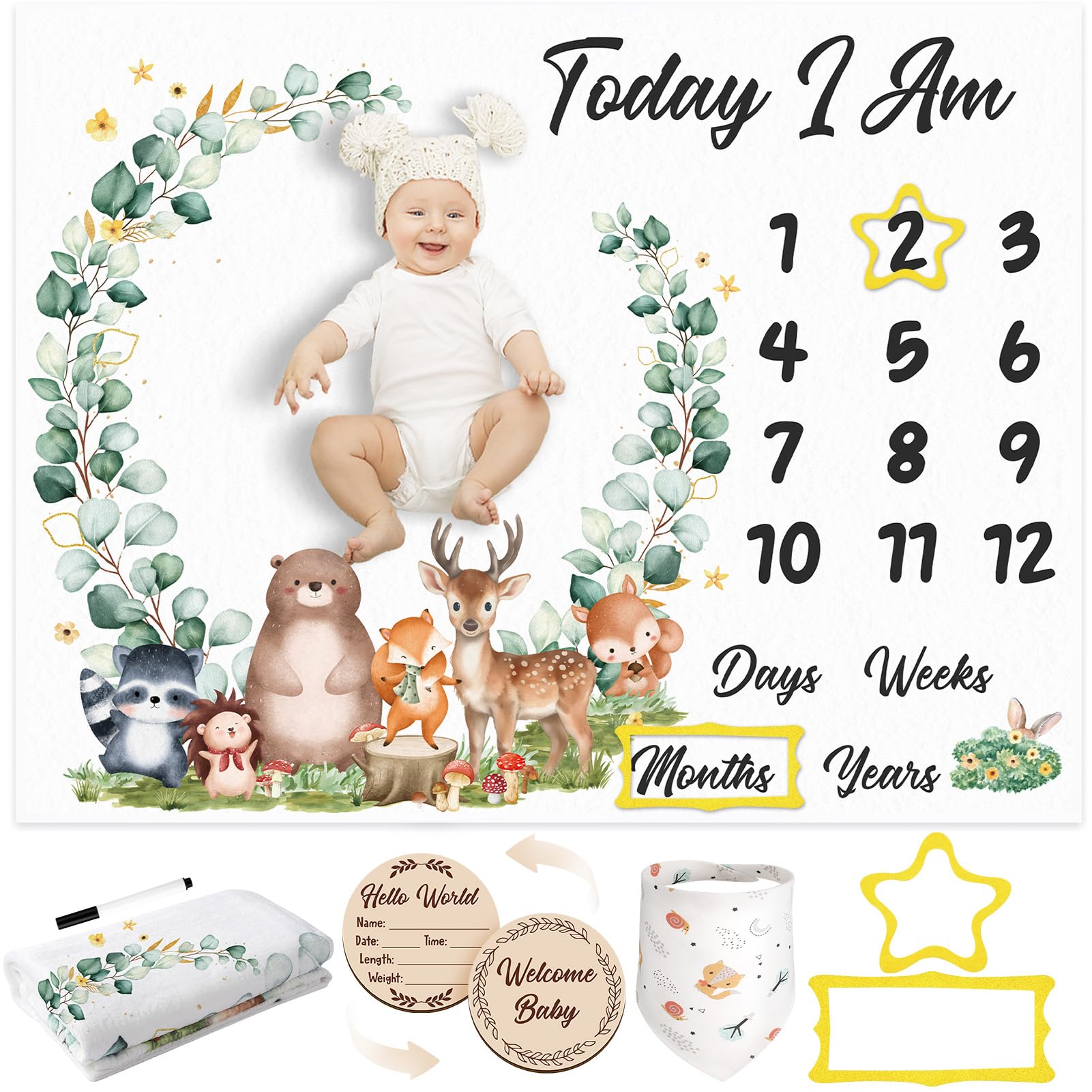 GSrenyu Baby Milestone Blanket Set,Flannel Monthly Milestone Blanket and Drool Bibs,Photo Prop for Newborn Boys and Girls Includes Felt Frame(Woodland)