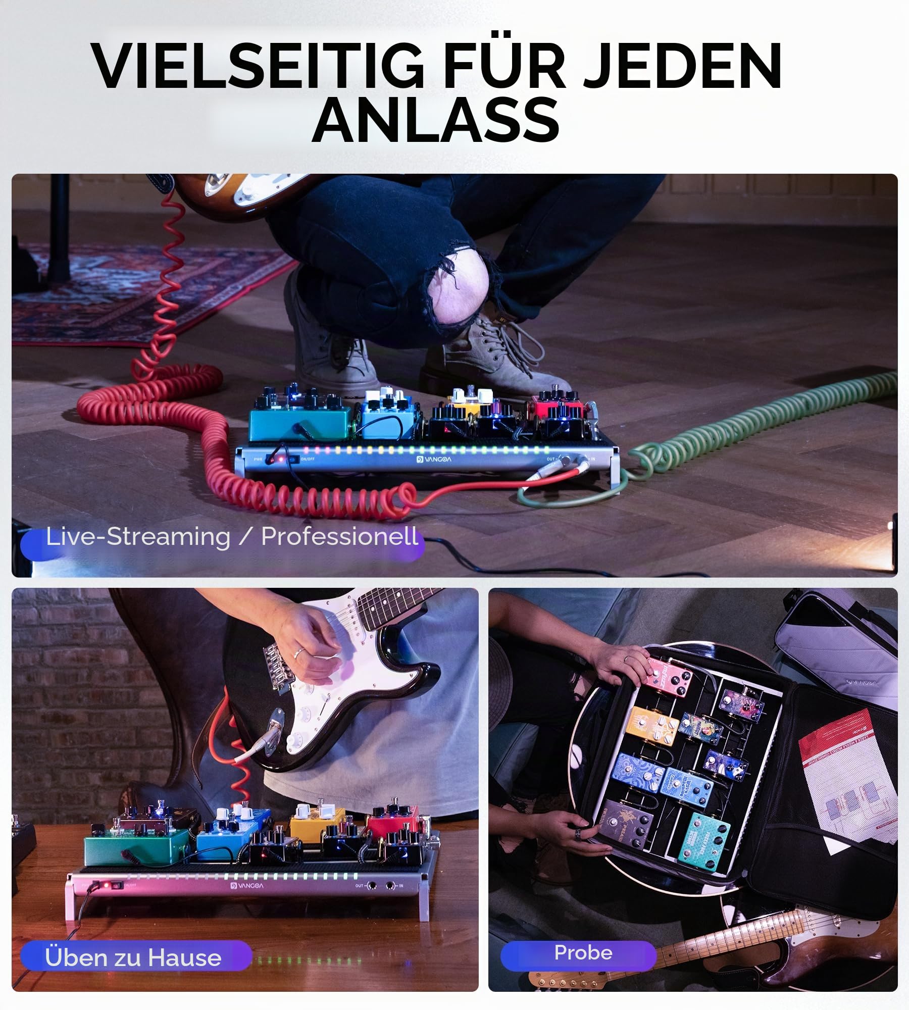 Vangoa Pedalboard mit Integriertem Netzteil,Aluminiumlegierung einteilig gebogene tragbare faltbare powered Guitar Pedal Board mit Premium-Rucksack, Medium, 45.72 * 34.29cm, 1.54kg, grau