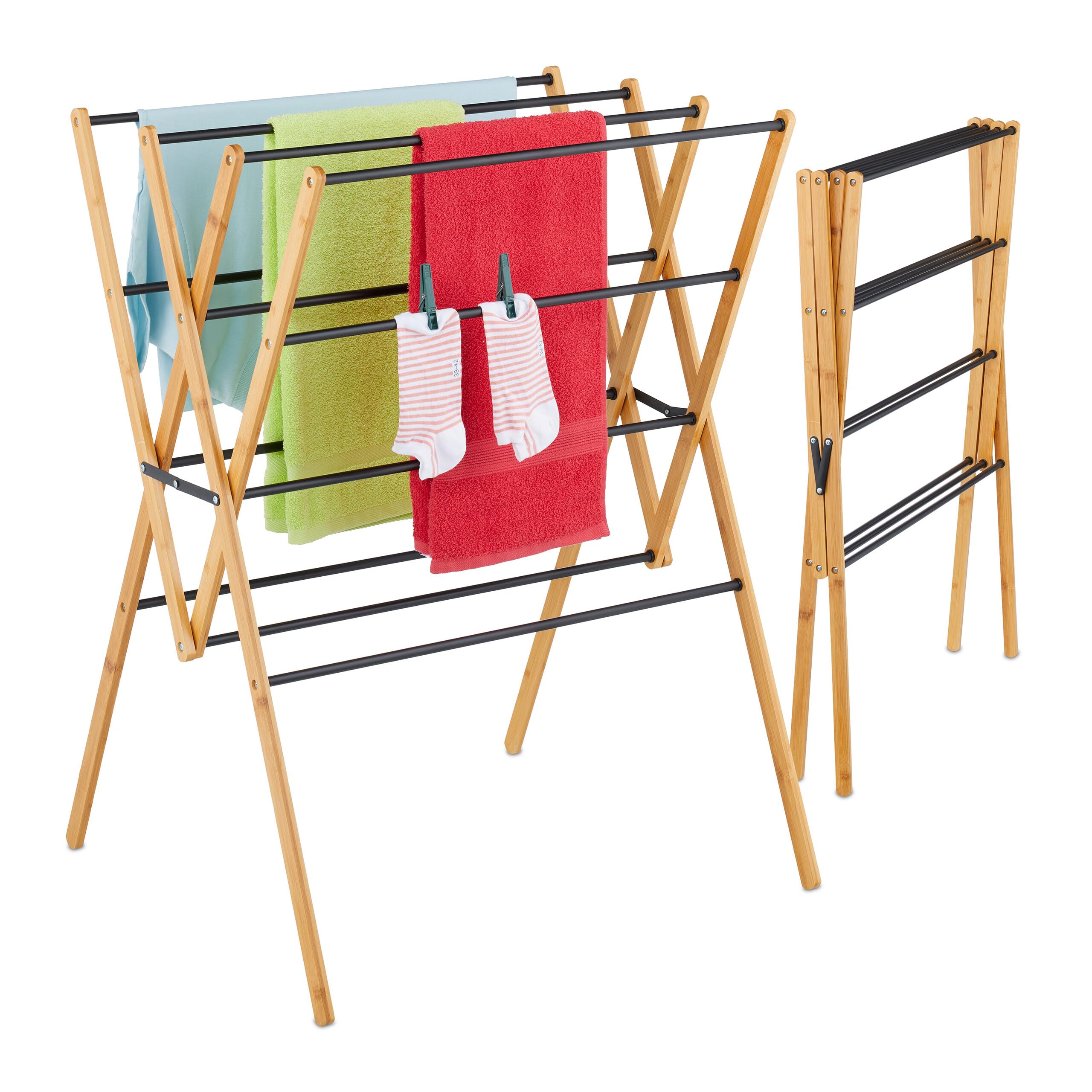Relaxdays Wäscheständer, klappbar, 12 Stangen, HxBxT: 93 x 70 x 62 cm, Bambus, Metall, Turmwäscheständer, Natur/schwarz