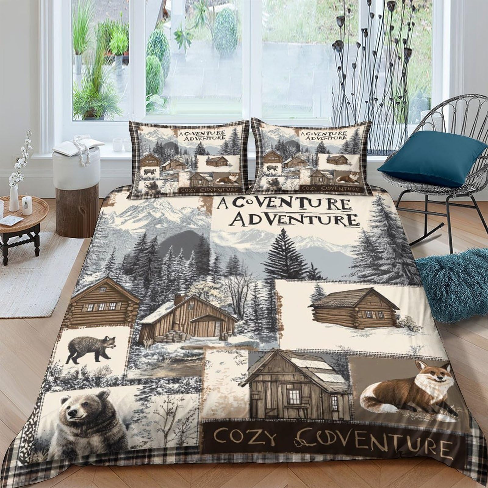 Ctjqhvkz Style-10 3D Printed Cabin Forest Fitted Sheet Microfiber Lodge Bear Bed Cover Anti-Slip Washable Rustic Decor For Bedroom Single（135X200cm）