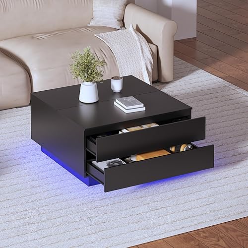 Miniatura 8 de Mesas de centro cuadradas con almacenamientos, moderna mesa de centro negra para sala de estar, mesas de centro de tapa abatible y 2 cajones