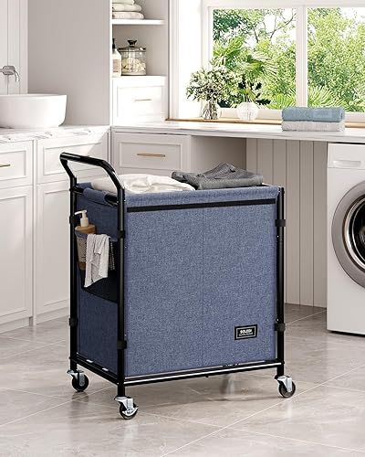 Miniatura 7 de SOLEDI Cesta doble para la ropa sucia con ruedas, 36 galones (135 litros), cesta grande de 2 secciones, marco de metal resistente con asa, carrito