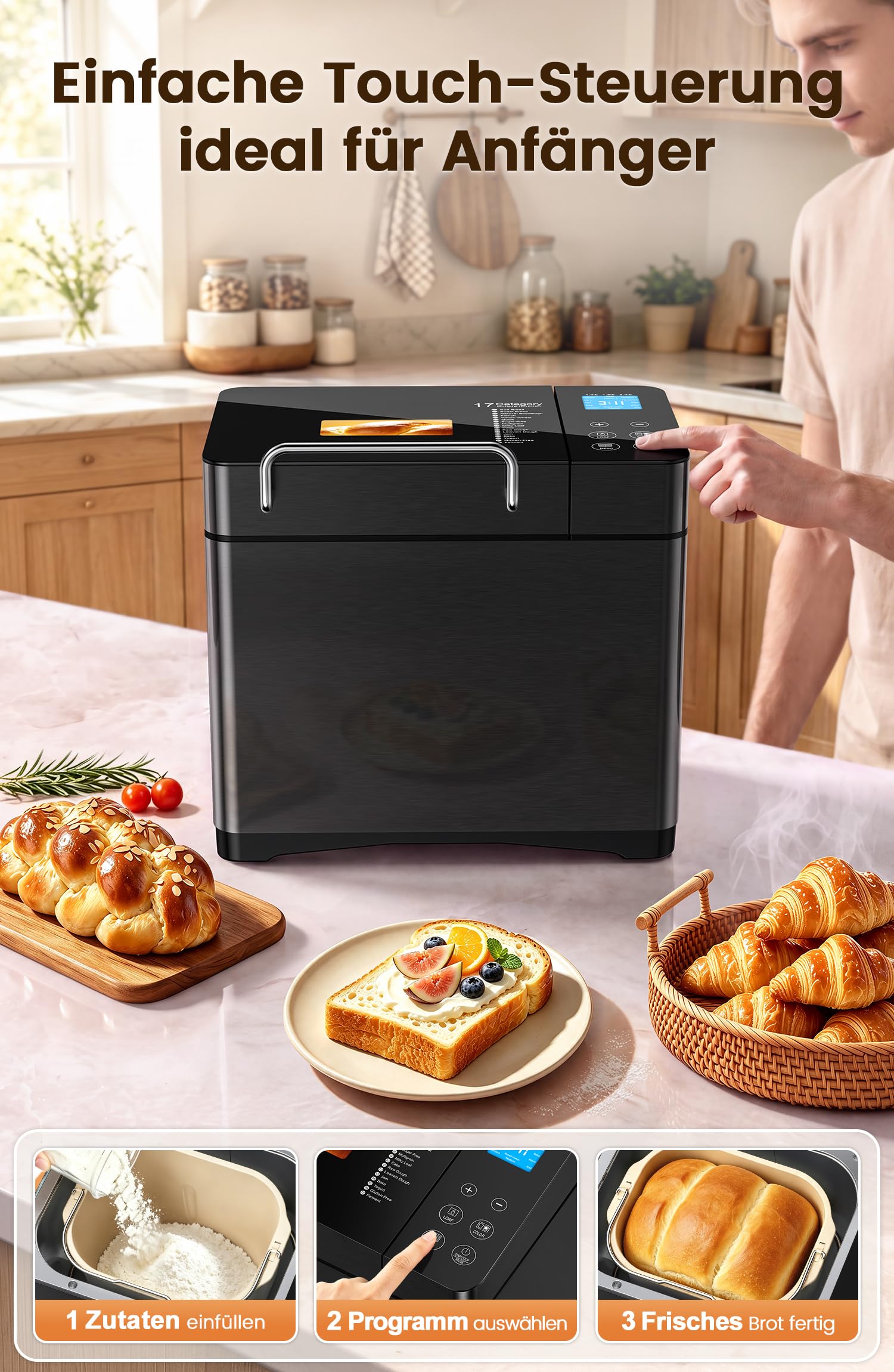 710W Konvektie Panificadora con tubos de calefacción doble, Forma de cerámica, Bandeja de ingredientes, Pantalla táctil, Panificadora de acero inoxidable 1kg, 17 Programas, sin gluten, masa