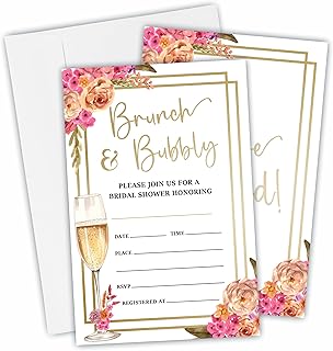 25 Bridal Shower Invitation Cards With Envelopes - Geometric Floral Champagne - Double-Sided Fill In Style Invites For New...