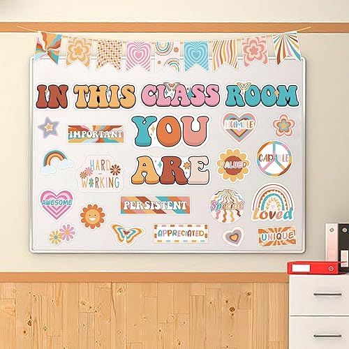 Miniatura 5 de Decoración de tablón de anuncios bohemio, decoración retro para aula, 30 piezas de decoración inspiradora de afirmación con margaritas y arco iris,