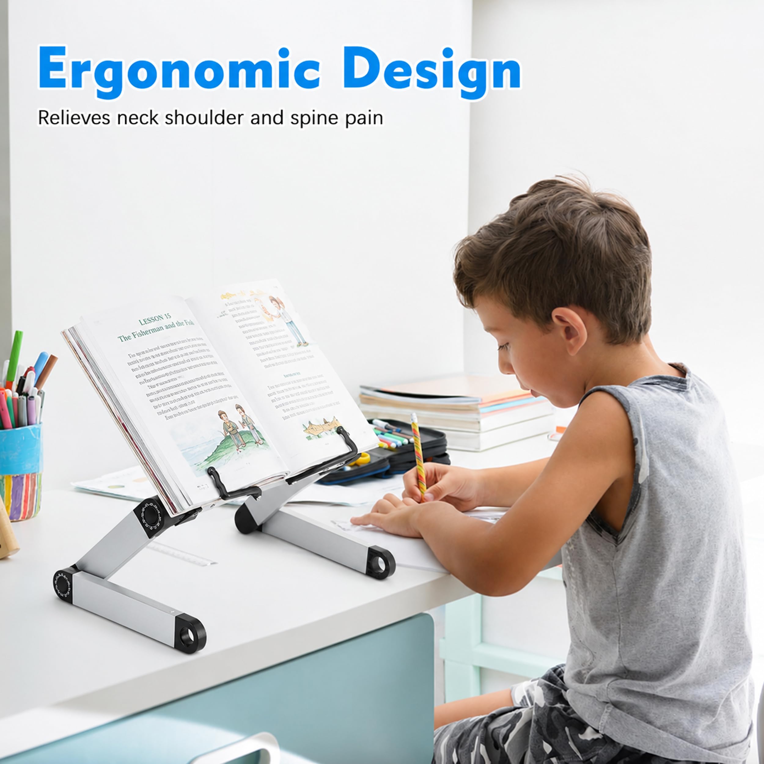 Support Livre - Hauteur Réglable Porte Livre avec Bras en Aluminium Durables, Repose Livre Pupitre de Lecture pour Couvertures Rigides épaisses, Recettes, Ordinateur et iPad