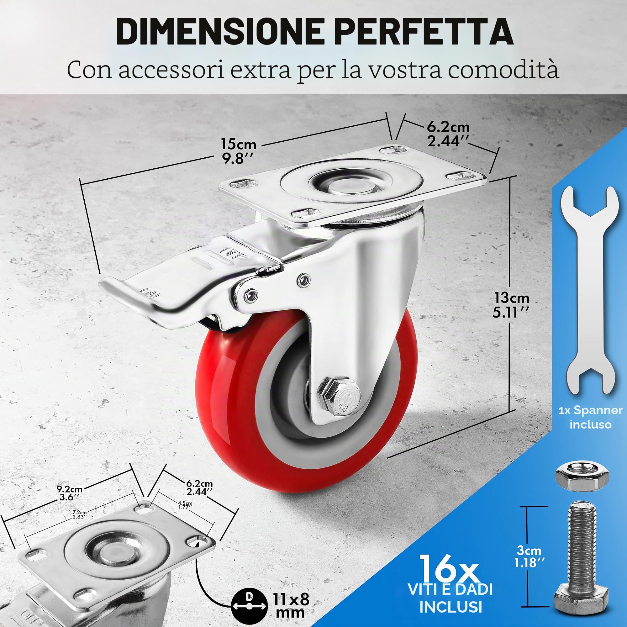 Set di 4 ruote girevoli da 10,2 cm, resistenti (capacità di carico di 997,9 kg), con freni, girevoli a 360 gradi, ideali per carrelli, mobili e banco da lavoro (4 freni)