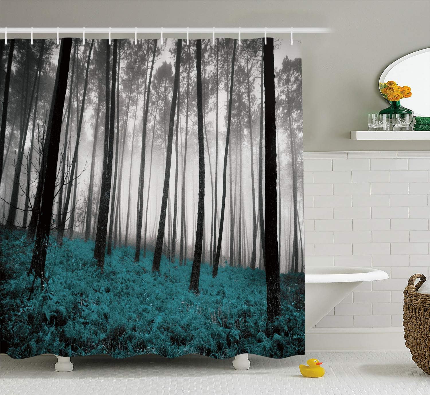 Ambesonne Forest Shower Curtain, Mystical Fantasy Woodland Under Heavy Fog Tall Trees Bushes Contrast Colors, Cloth Fabric Bathroom Decor Set with Hooks, 69" W x 70" L, Teal Black