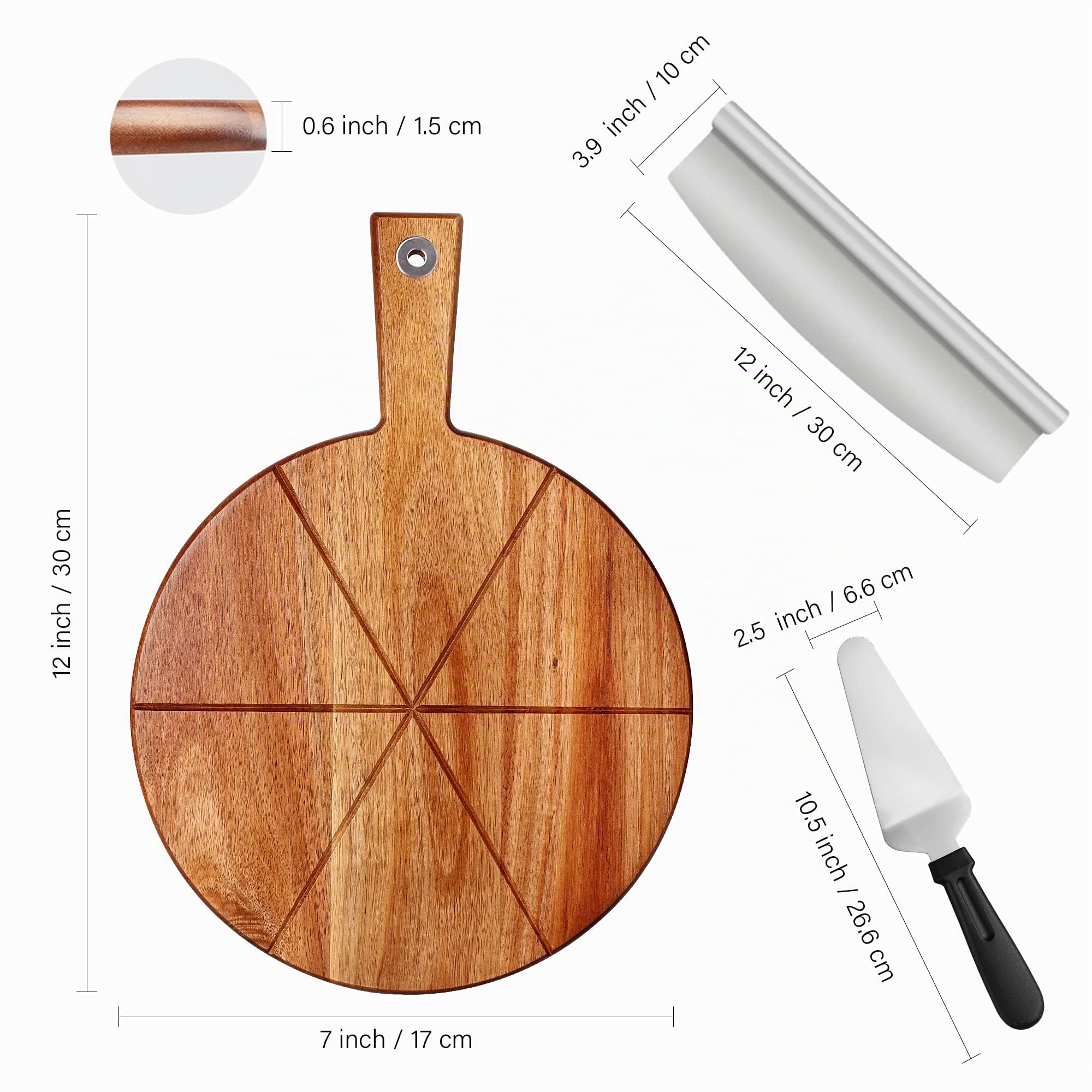 Pizzabrett Akazienholz, TJ POP 30 x30 cm Pizzateller Pizzaschneidebrett mit Pizzaschneider und Pizzaschale, rundes Pizzaschneidebrett Serviertablett zum Backen von selbstgemachter Pizza