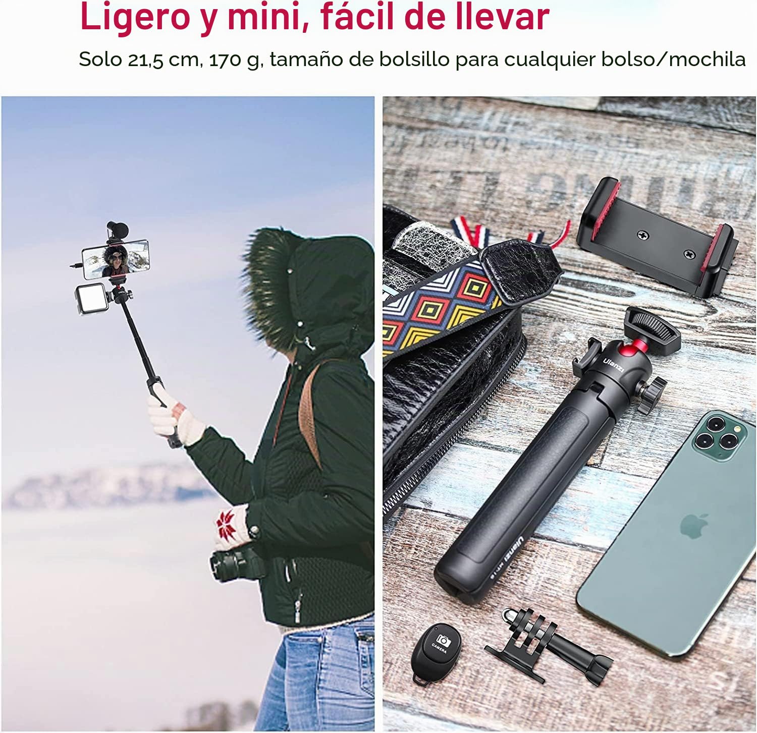 Palo selfie ULANZI MT-16 con trípode para teléfono móvil con disparador remoto, soporte de mesa para cámara, mini trípode para smartphone iPhone Samsung