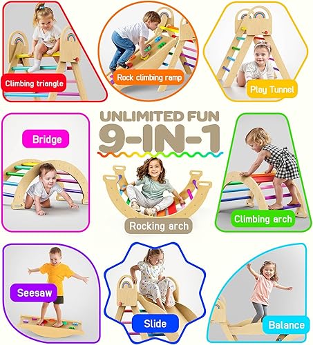 Miniatura 4 de Pikler - Juego de triángulos 9 en 1, juguete de escalada Montessori para niños pequeños, plegable de madera para interiores, gimnasio y escalador de