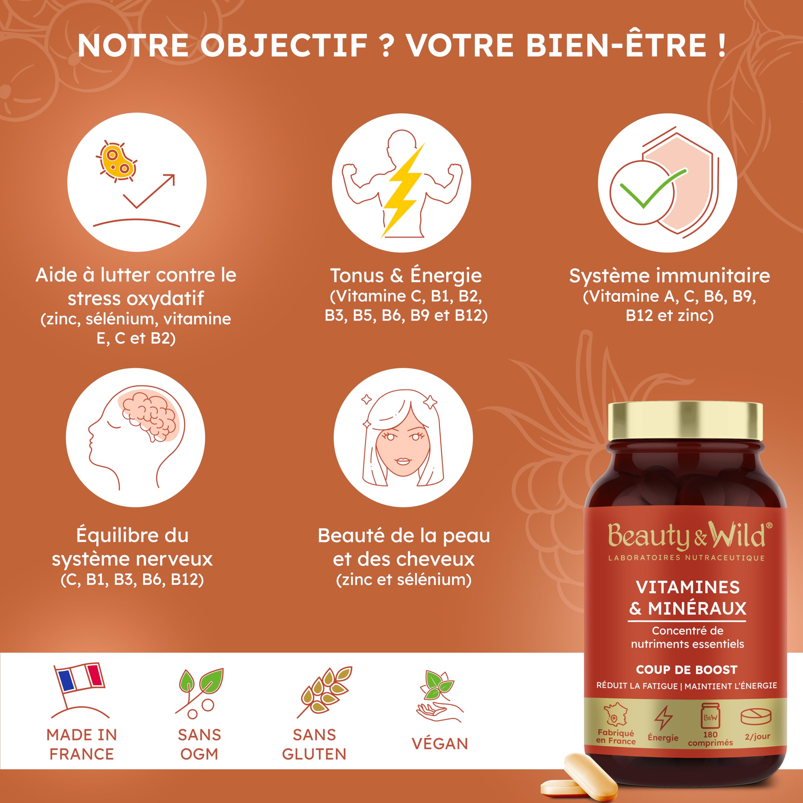 Multivitamines et Minéraux | Zinc, Magnésium, Sélénium, Vitamine C, A, E | Anti-fatigue, Énergie, Vitalité | Cheveux et ongles | Made in France | 180 comprimés | Beauty & WILD