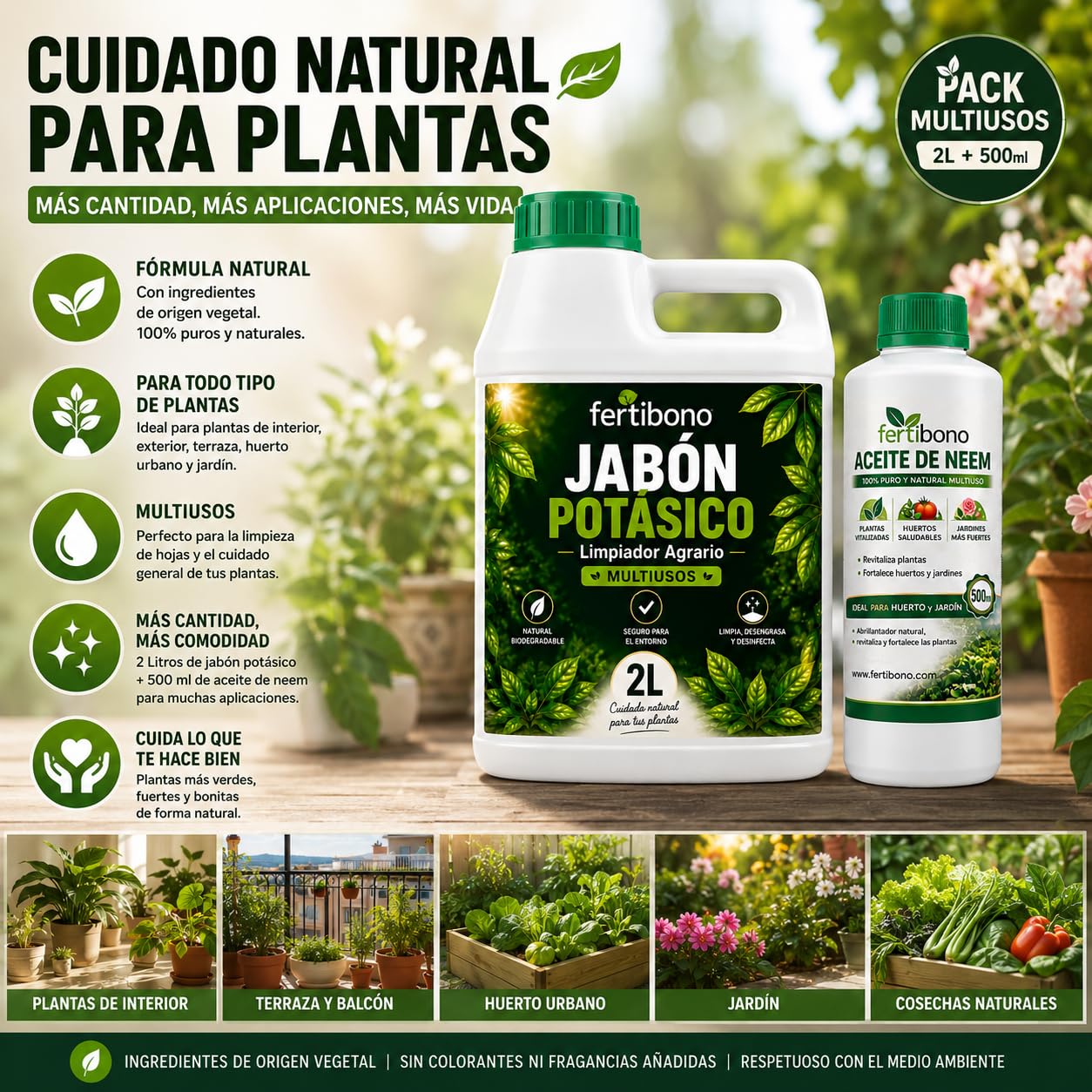FERTIBONO FLORANIM Multiuso - Jabón Potásico 2L + Aceite de Neem 500 ml para Plantas, Huerto y Jardín - Pack Concentrado para Diluir en Agua y Pulverizar