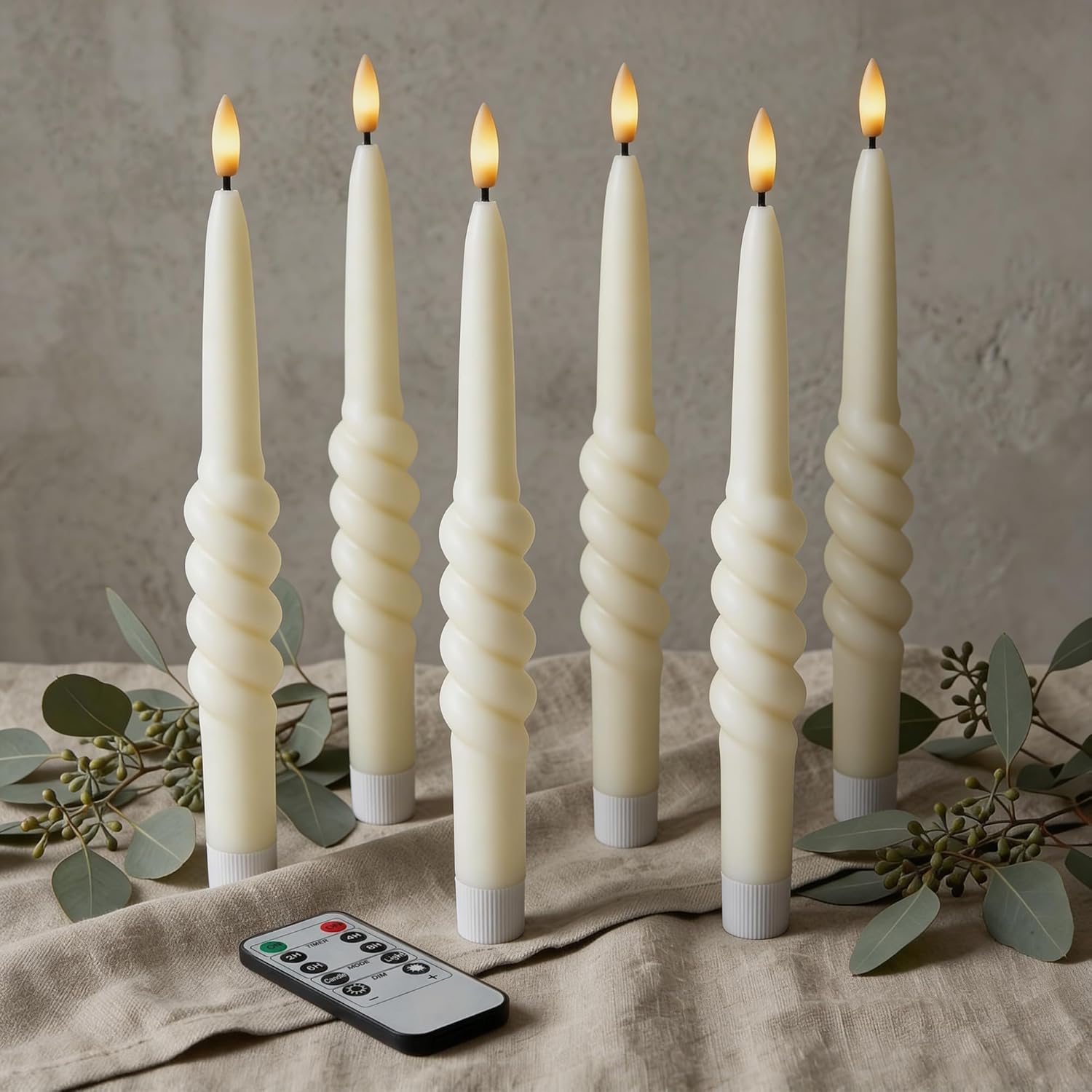 Smooth Taper with Twist Flameless LED Taper Candles 10" – Ivory, Set of 6 – Remote, Dimmable, 2/4/6/8-Hr Timer (24-Hr Memory), Bottom On/Off Button, Flicker/Steady, Battery Operated