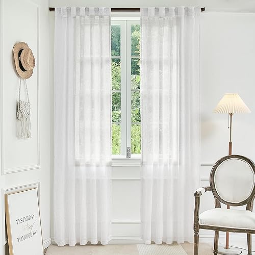 Cortinas semitraslúcidas de lino blanco de 84 pulgadas de largo para sala de estar, puerta corrediza de cristal, textura filtrante de luz, pestaña