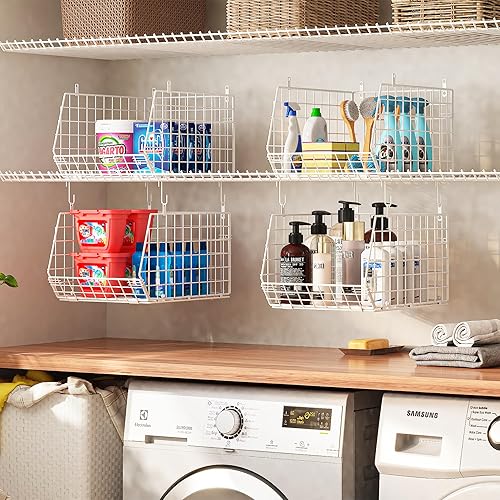 Miniatura 6 de Organizador de armario plegable extra profundo de 4 pulgadas, estantes pequeños de alambre y almacenamiento con 5 ganchos en S, cestas de metal de 4