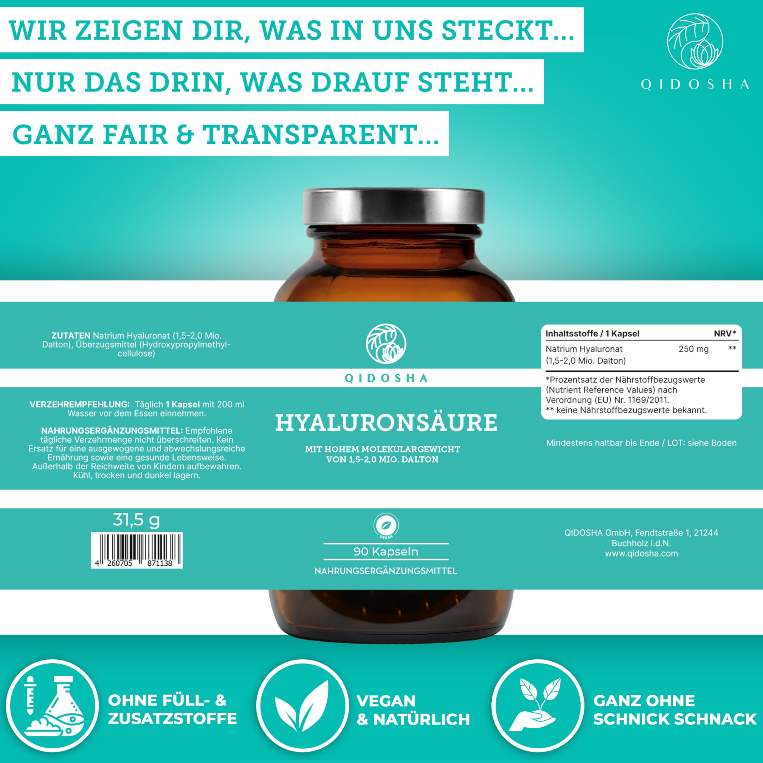 QIDOSHA® Premium Hyaluronsäure Kapseln, TESTSIEGER 07/23*, hohes Molekulargewicht von 1,5-2 Mio. Dalton (marktüblich: 0,5 Mio.), 250mg/Kapsel, 90 Stk/Apothekerglas, vegan, natürlich aus Fermentation