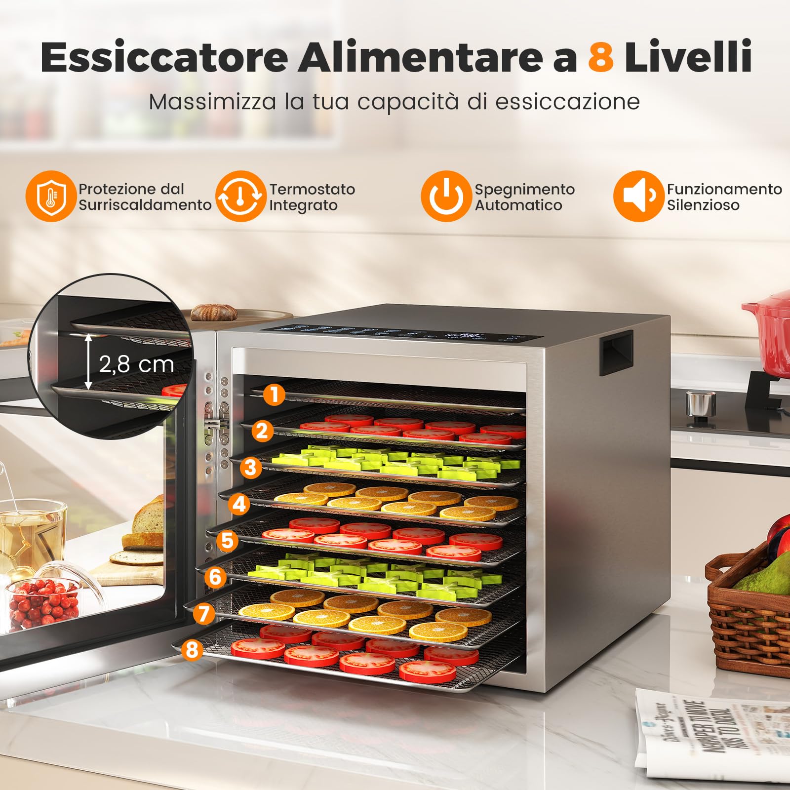 COSTWAY 850W Essiccatore Alimentare 8 Vassoi Acciaio Inox, Timer 48 Ore