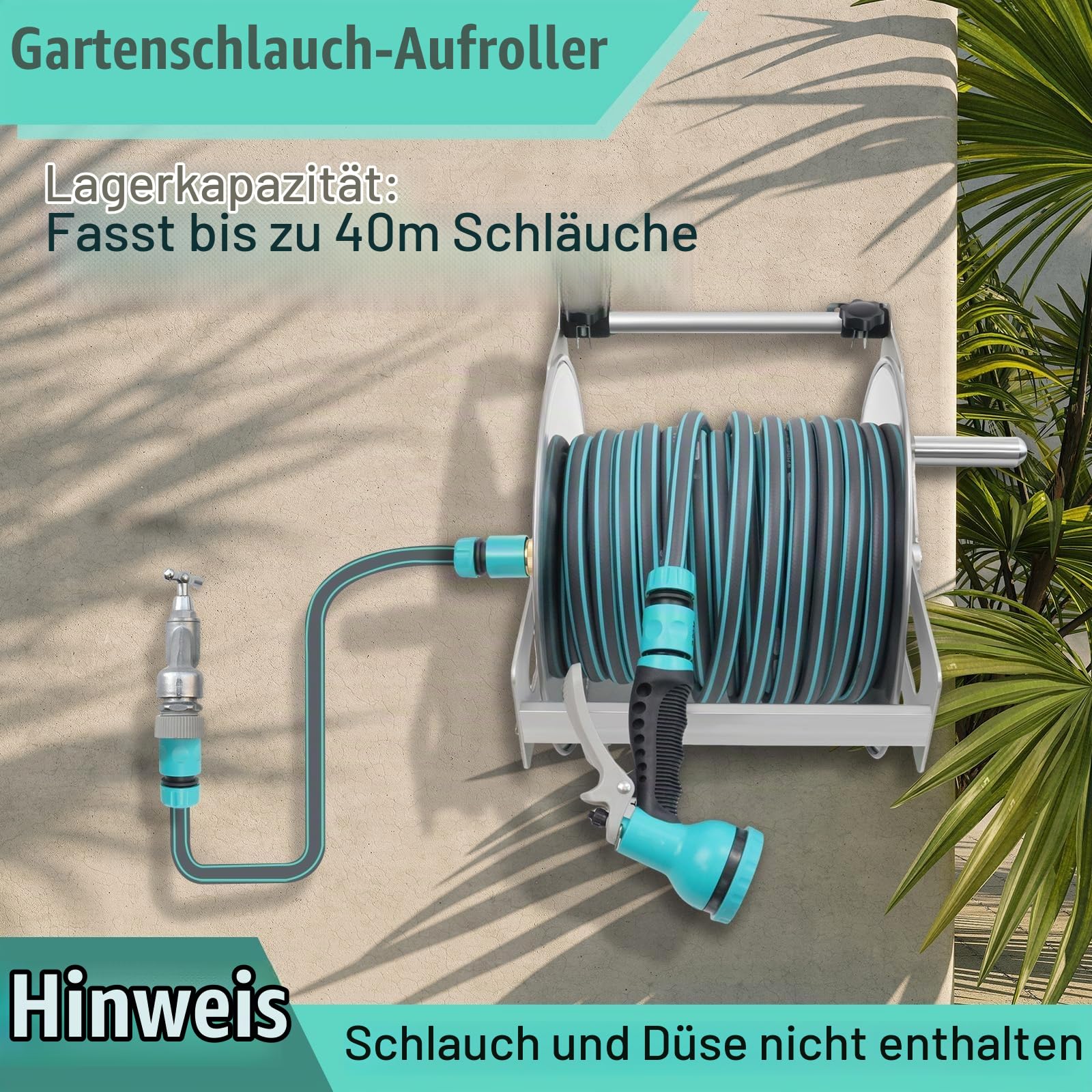 Schlauchtrommel aus Metall, Wandmontierte oder Freistehende Schlauchrolle | Robuster Gartenschlauch Trommel für 40 m Langer 1/2-Zoll-Schlauch, Geeignet für Gärten, Innenhöfe und Terrassen