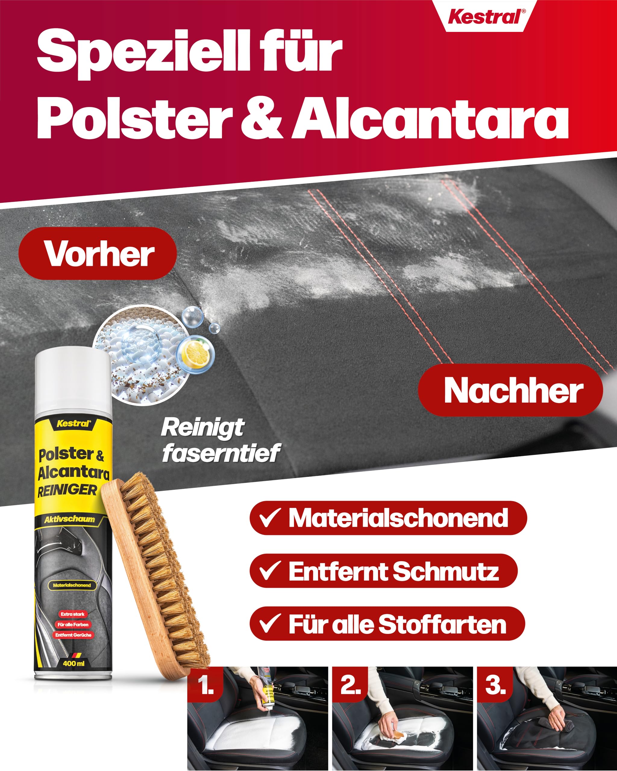 KESTRAL® Auto Innenraumpflege Set für Polster- & Alcantara mit 5X Mikrofasertüchern 1x Staubtuch & Bürste - entfernt effektiv Schmutz - farbsättigende Pflege im MATT-Effekt - Made in Germany