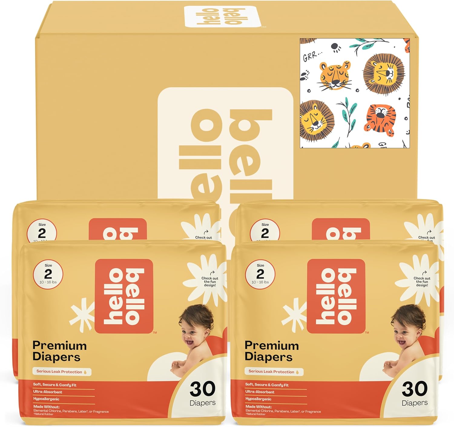 Hello Bello Diapers, Size 2 (10-16 lbs) Wild Cats, 120 Count Value Pack of Premium Disposable Baby Diapers, Hypoallergenic with Soft, Cloth-Like Feel Wild Cats Size 2