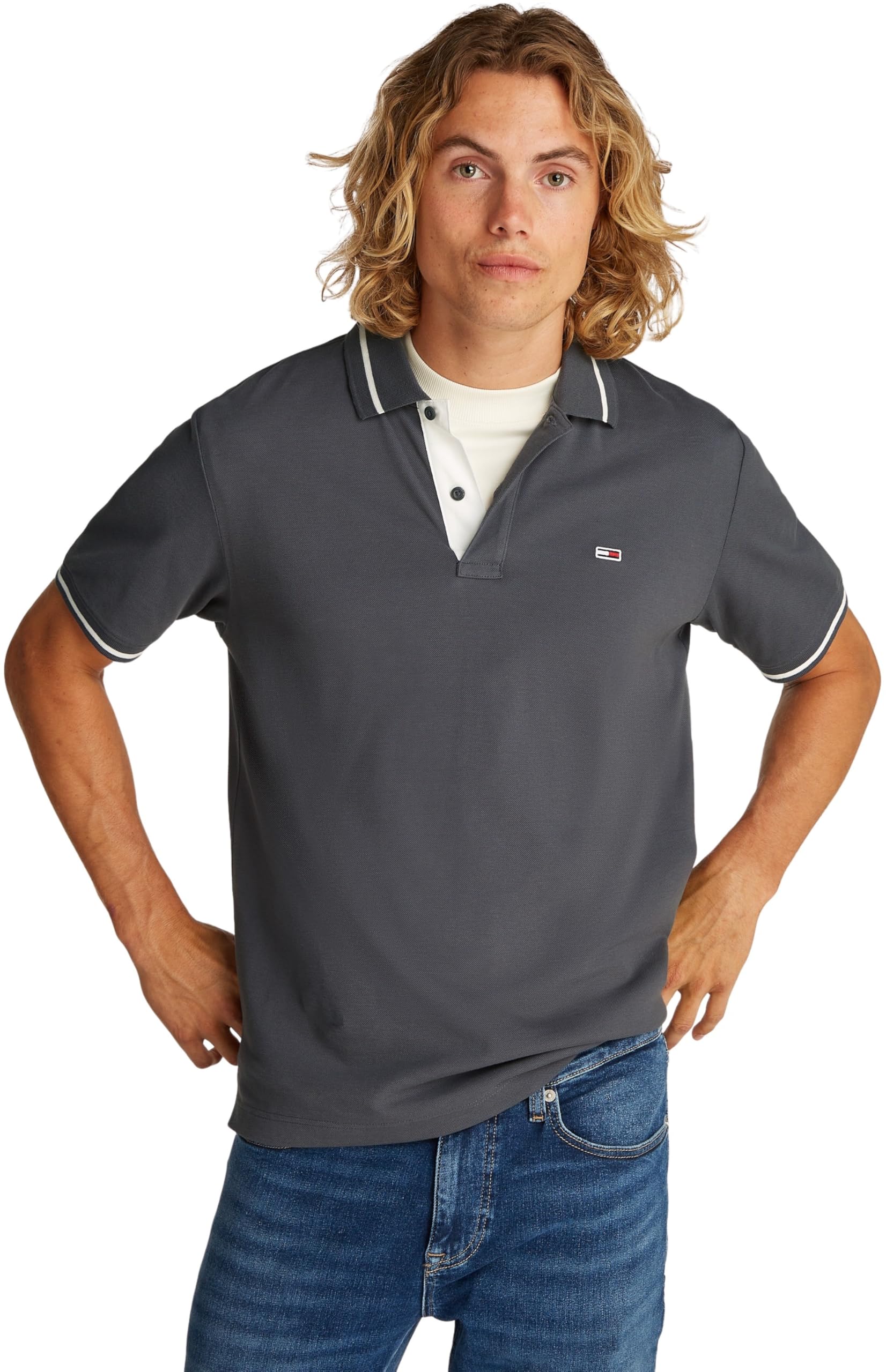 Tommy Jeans Men's Grey (Washed Black) Tjm Reg Tipped Dm0dm20745 S/S Polo, L Uk