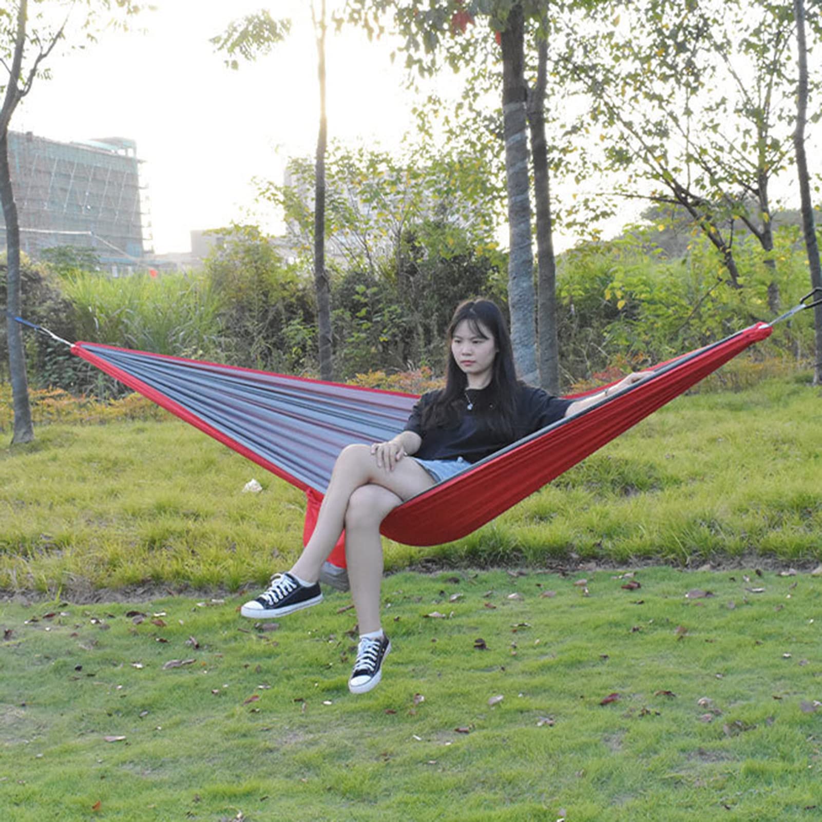 DYTWXG Camping de Nailon, Hamaca portátil para Exteriores, hamacas para Caminar en la Playa antivuelco, para Interiores y Exteriores, Azul Real más Gris (110x55 Pulgadas)