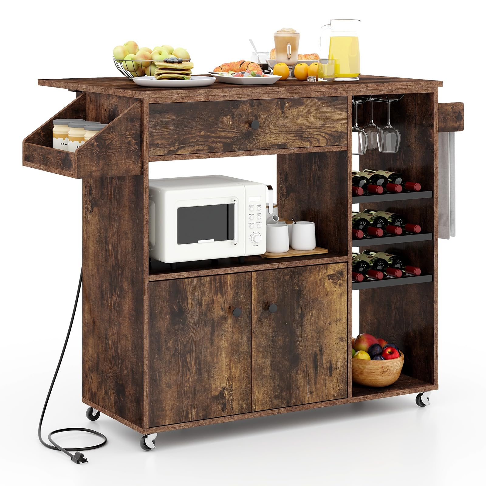 Giantex Rolling Kitchen Island Cart with Drop Leaf, Power Outlet, Spice Rack, 12 Wine Rack, Glass Holder, Drawer, Storage Cabinet, Towel Rack, Island