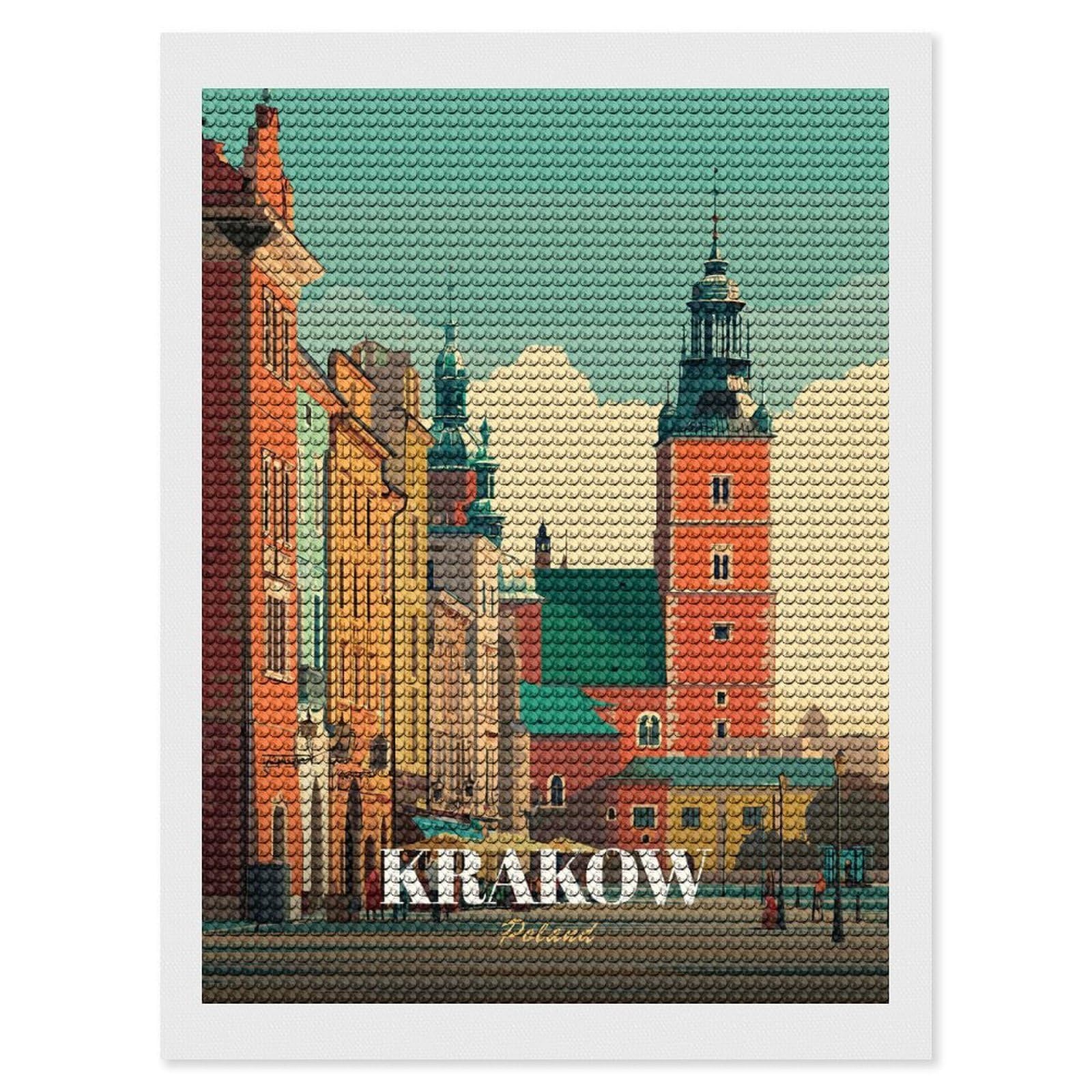 Junmoney Krakow, Poland Cityscape Illustration(2) Diamond Painting Canvas Set 12"x16", Mindful Craft Activity, Nice Detail and Sparkle, Farmhouse Decor, Birthday Gift