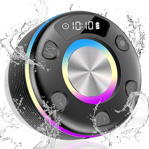 OYIB Altavoz de ducha Bluetooth, altavoz Bluetooth portátil con sonido HD de 360, luces RGB, radio FM, altavoz inalámbrico impermeable IPX7 con