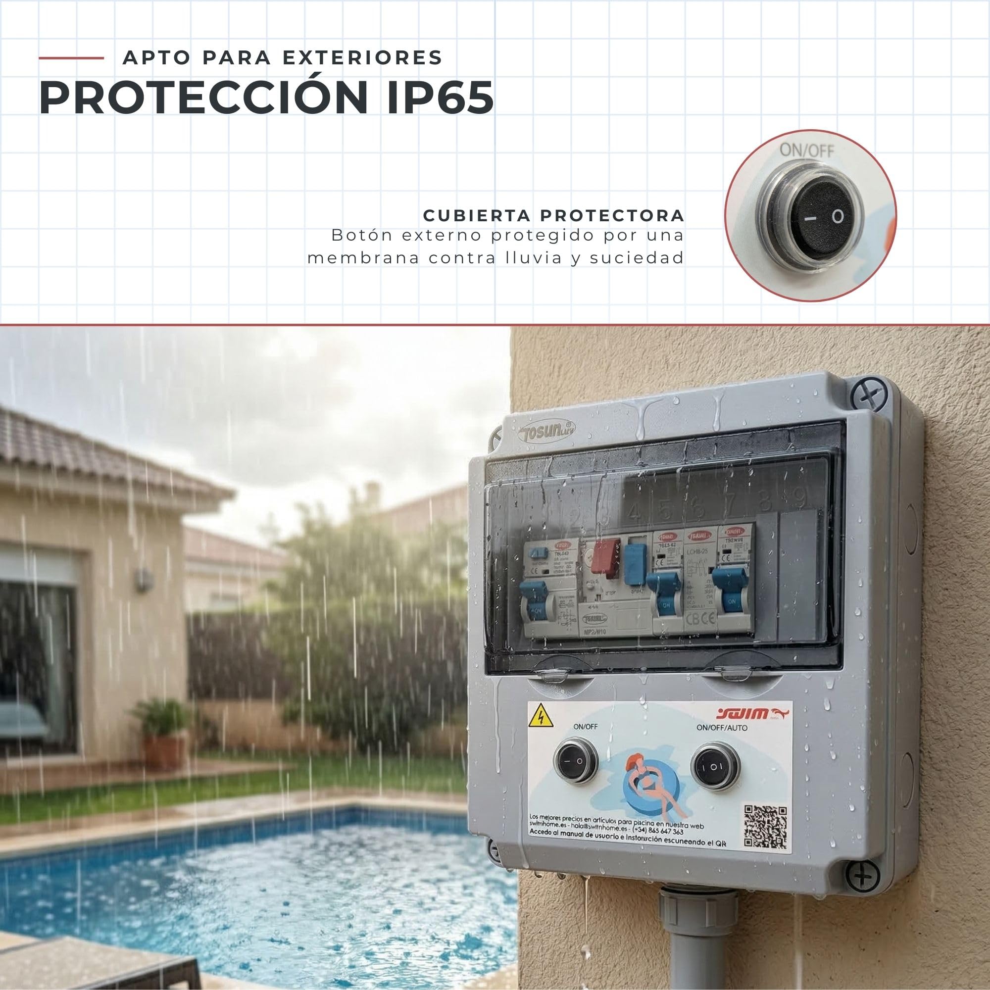 SWIMHOME Cuadro Eléctrico para Piscina Iluminación y Motor | Guardamotor y Transformador | Controlador RGB 4 Hilos | Contactor para Clorador | 60W 12DC | Bomba de Agua 0,5CV 2,5-4A