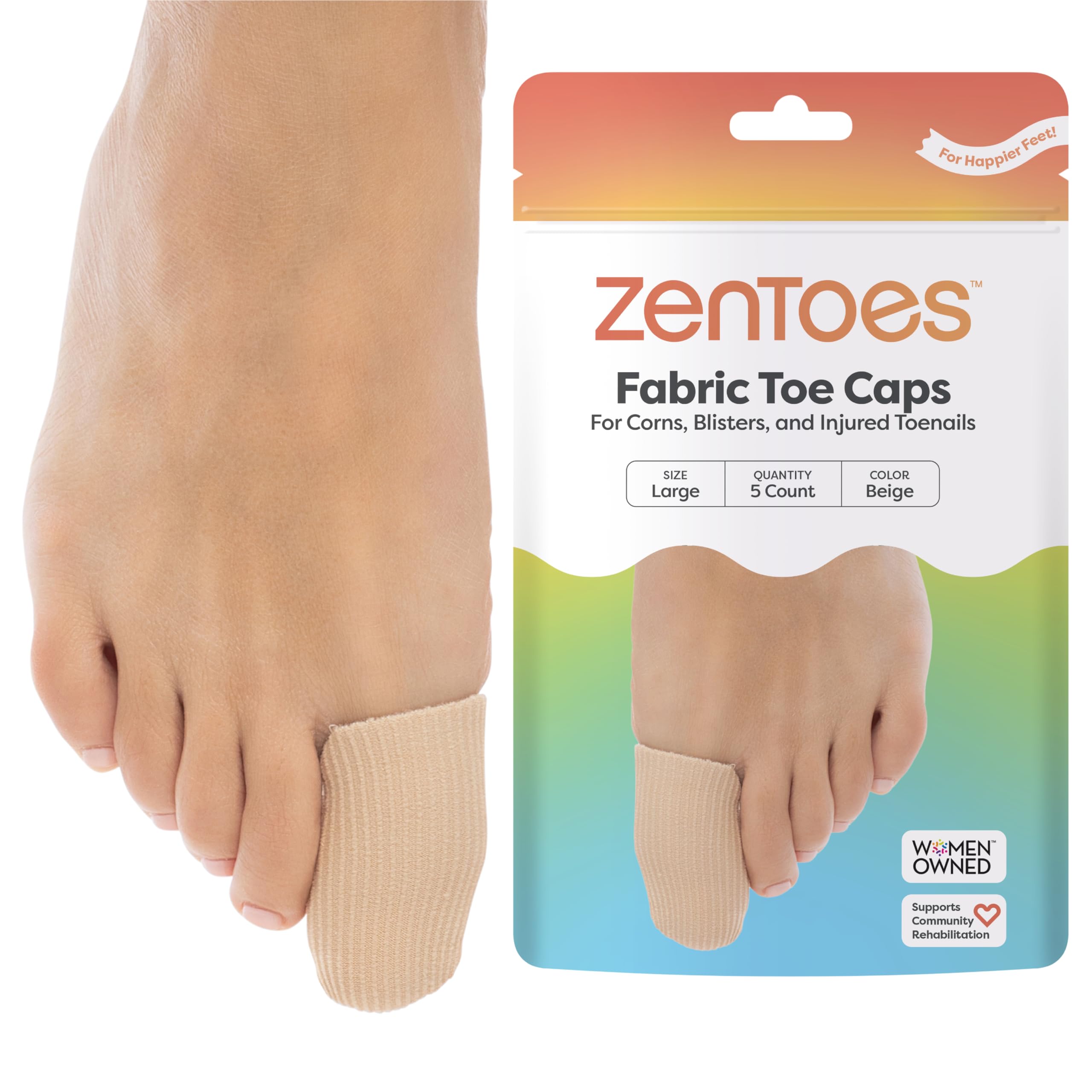 ZenToes 5パック トゥキャップ クローズドトゥ ファブリック スリーブプロテクター ジェル裏地付き トウモロコシ、カルス、水疱の発生を防ぎ、肌を柔らかくし、落ち着かせます (サイズL)