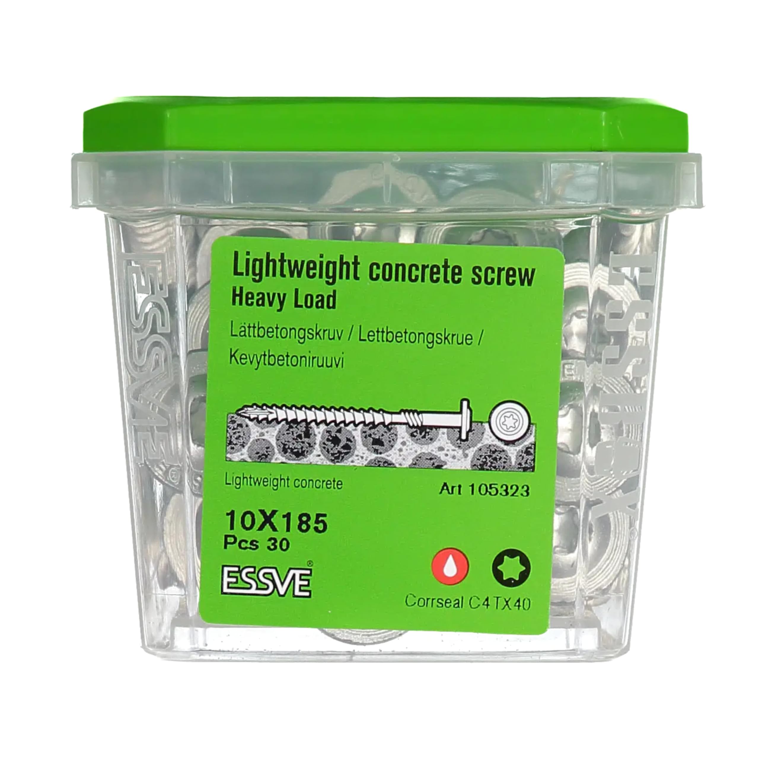 ESSVE HL-W śruba do betonu komórkowego 10 x 185 mm, TX40 C4 – do dużych obciążeń, bez wiercenia wstępnego, ETA-20/0335, CE, mocowanie nośne, odporna na rdzę, do betonu gazowego/ytong, na zewnątrz i do
